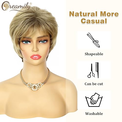 Miniatura 10 de Creamily Peluca corta de cabello humano castaño con corte Pixie para mujeres con flequillo mezclado rubio con reflejos rubios, peluca corta para