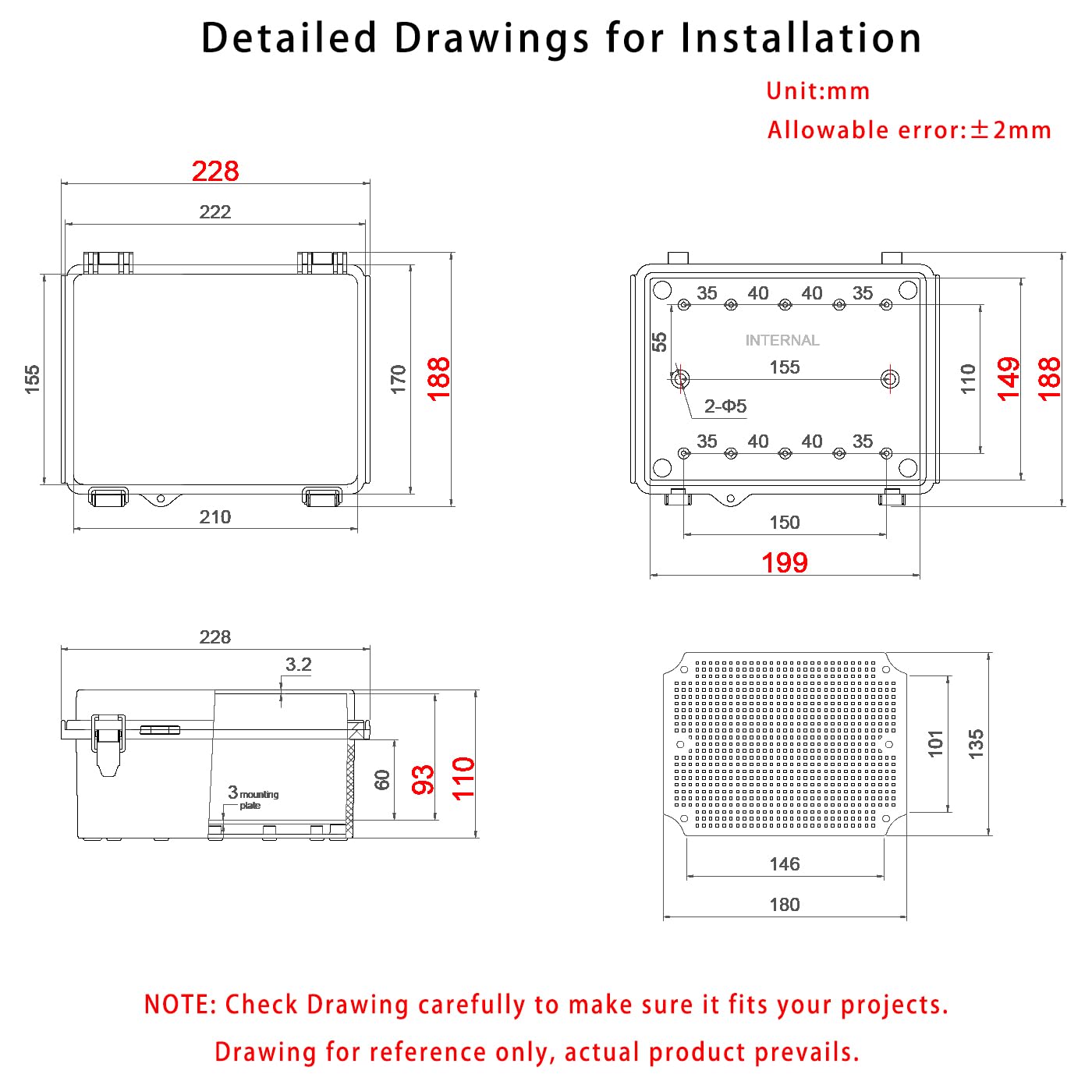Outdoor Waterproof Electrical Box Junction Box Weatherproof IP67 ABS Plastic Enclosure Switch Router Project Box Electronics DIY Enclosure With Mounting Plate Wall Bracket Grey 8.6"x6.6"x4.3" — Amazon image 6