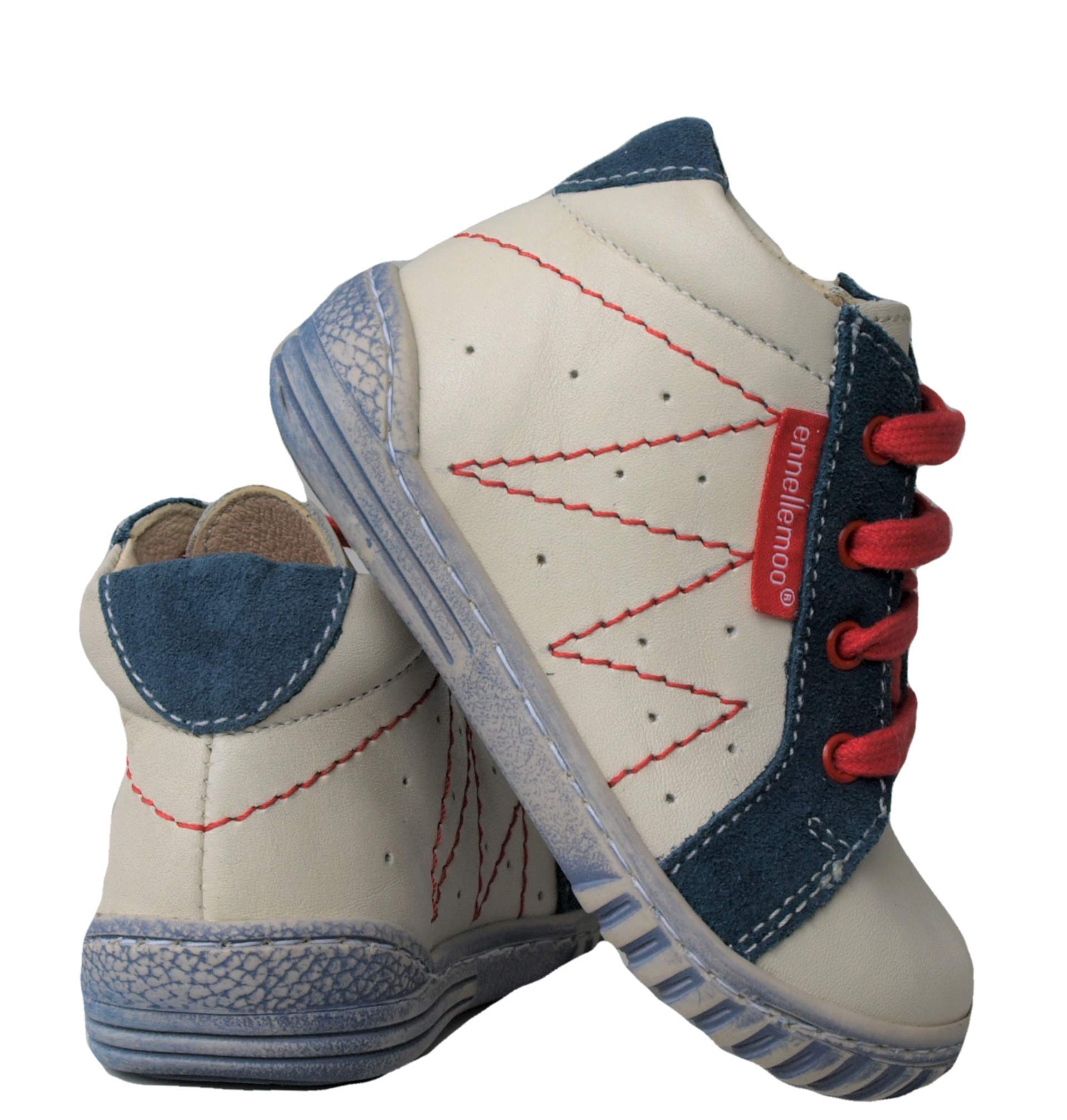 ennellemoo® - Scarpe da corsa unisex per bambini, in vera pelle, con lacci, grigio, giallo, rosso, 23 EU