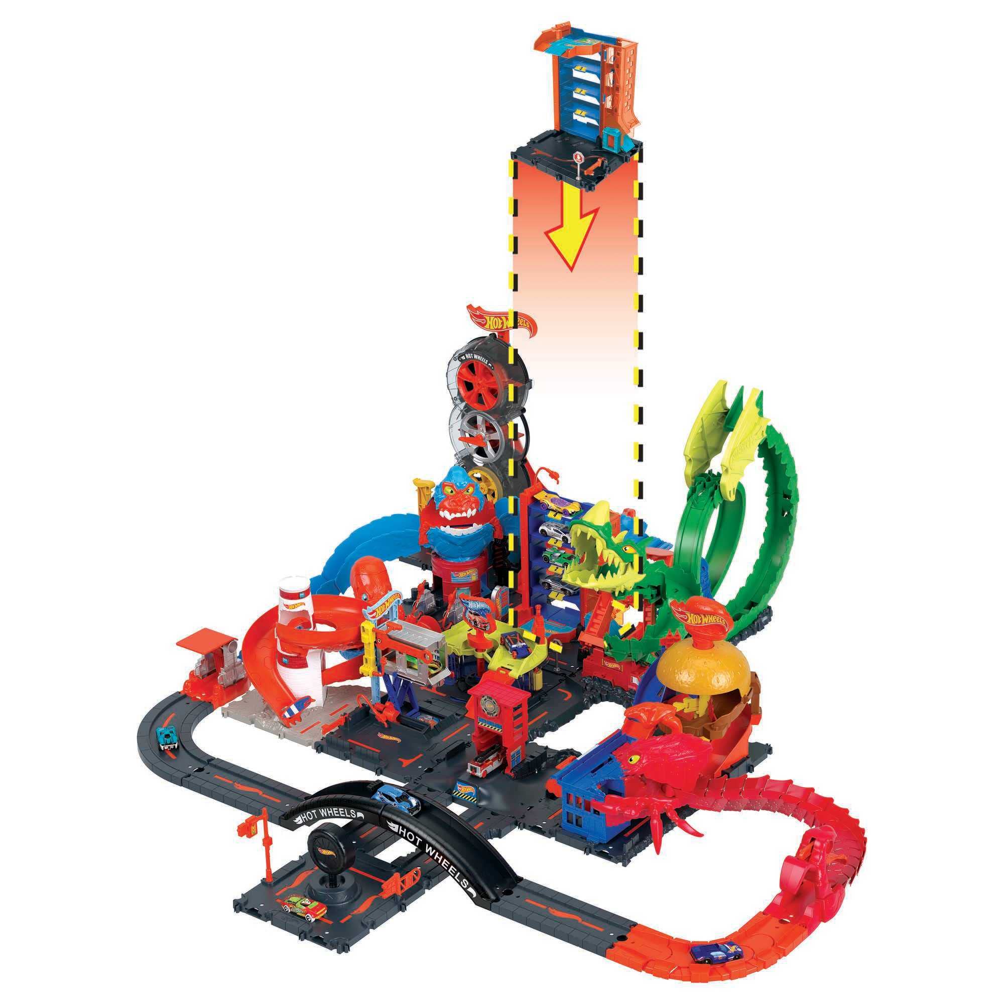 Hot Wheels - Coffret Garage City Downtown - avec 1 Voiture Espace pour 4 Véhicules - Compatible Circuits et Kits City - Cadeau dès 4 Ans, HDR28