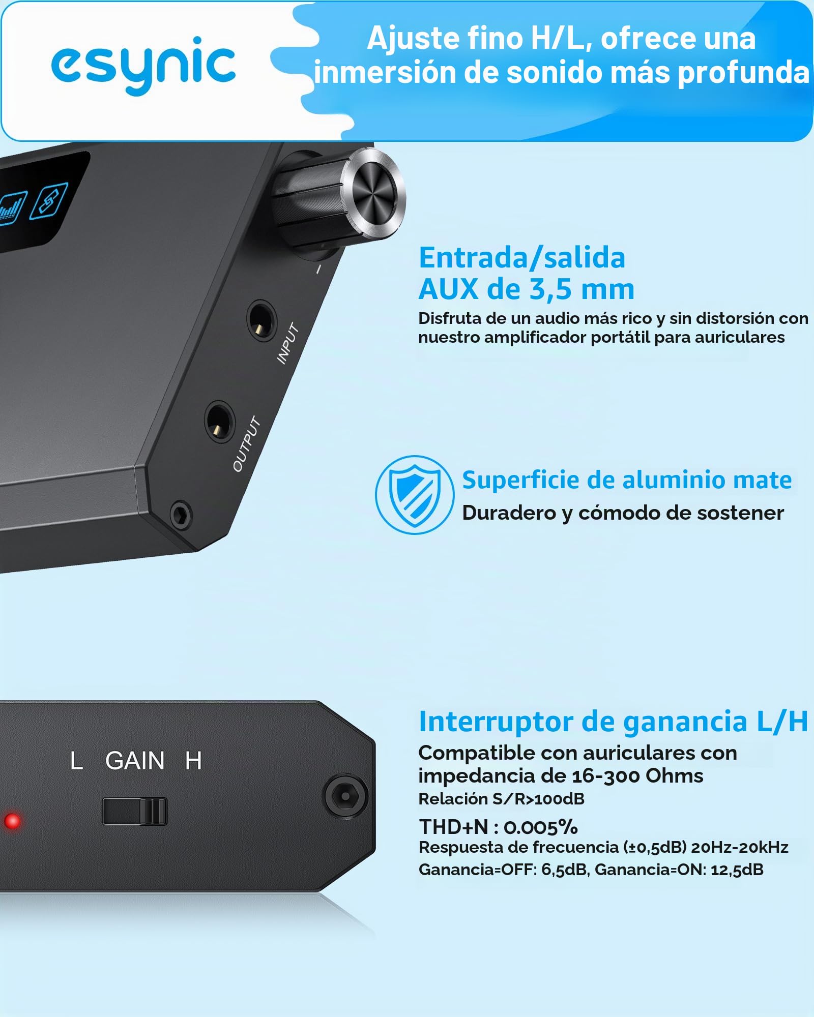 eSynic Amplificador HiFi para Auriculares con Receptor Bluetooth 5.1, Impedancia 16-300Ω, 2 Niveles de Ganancia, Batería Recargable de 1500mAh con Cable USB-C y Cable de Audio para MP3 Smartphone