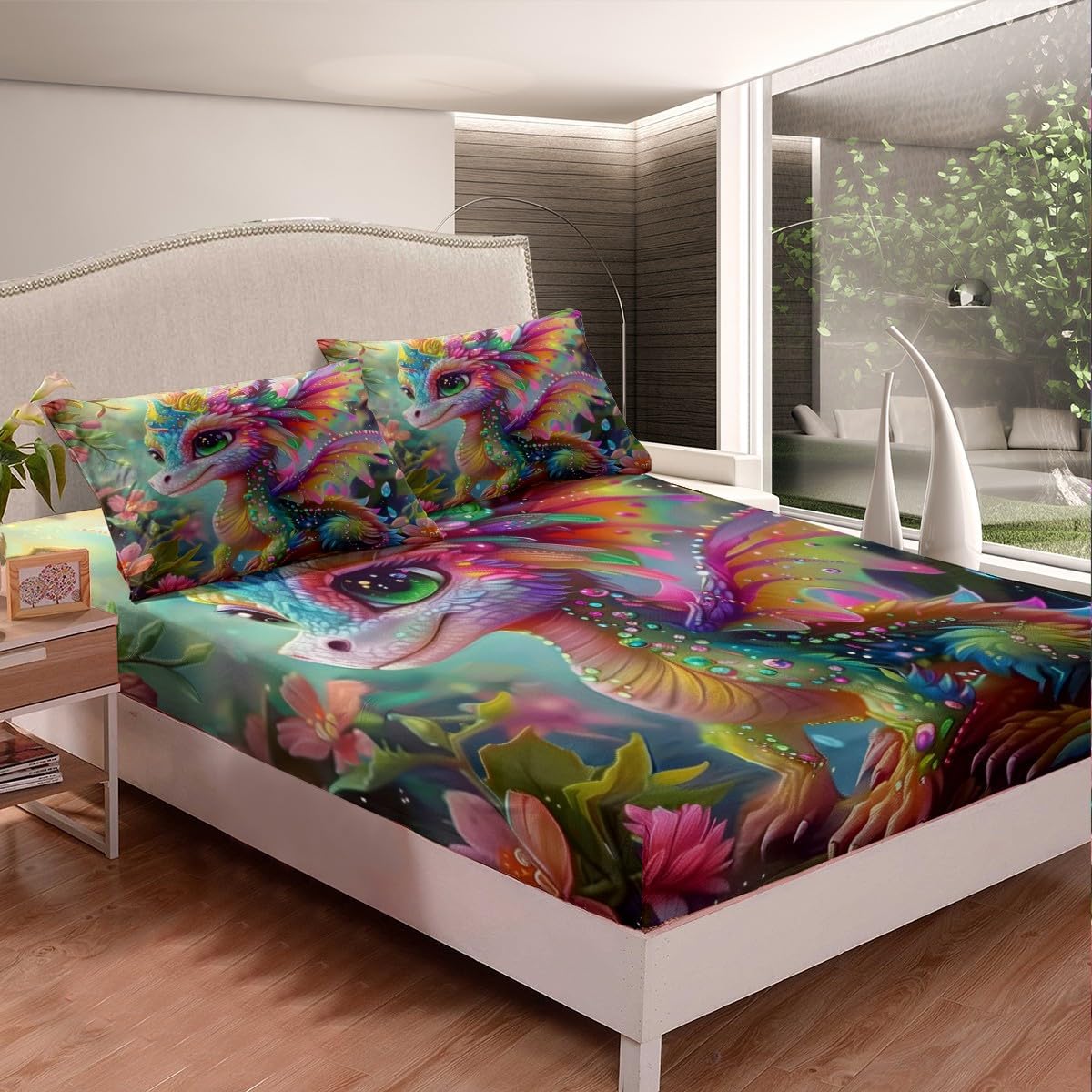 Cartoon Dragon Fitted Sheet Kawaii Pterosaur Sheets,Cute Jungle Animal Bed Sheets Full,Western Fantasy Animals Bed Set Tropical Wildlife Reptile Room Decor