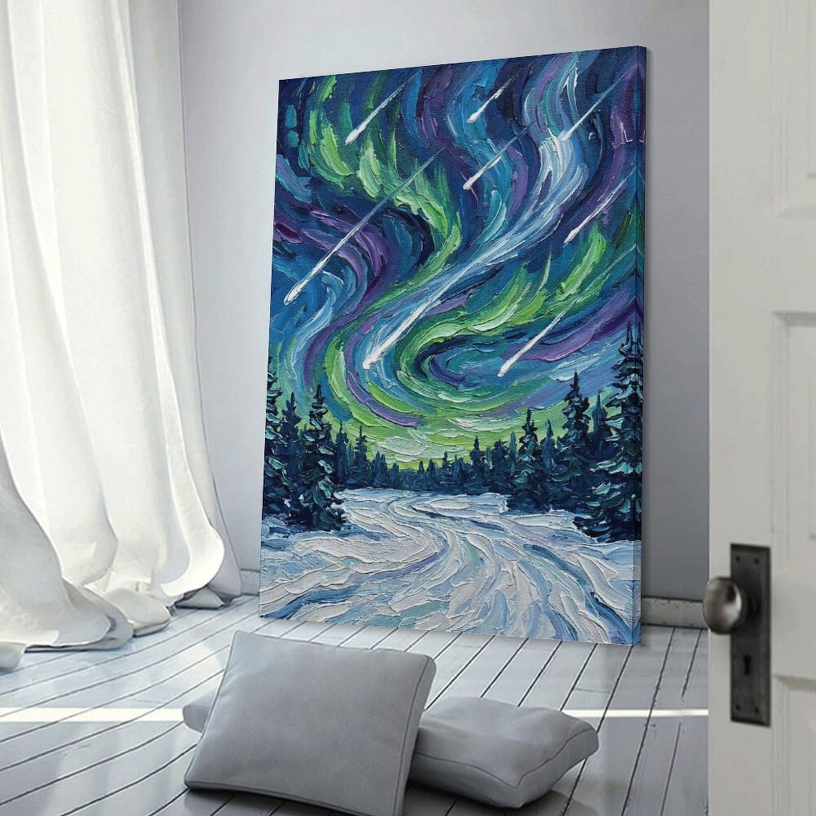 Junmoney Aurora Borealis Over Snowy Forest Wall Decor Canvas Print, 20x30inch(50x75cm), for Bedroom, Lounge Or Dressing Area, Decorative Wall Art for Cosy Rooms