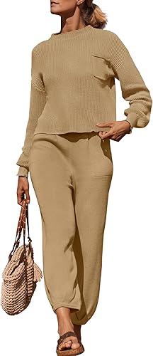 ZESICA Conjunto de 2 piezas de suéter de manga larga con cuello alto falso para mujer, sudadera de punto con pantalones de cintura alta, conjuntos