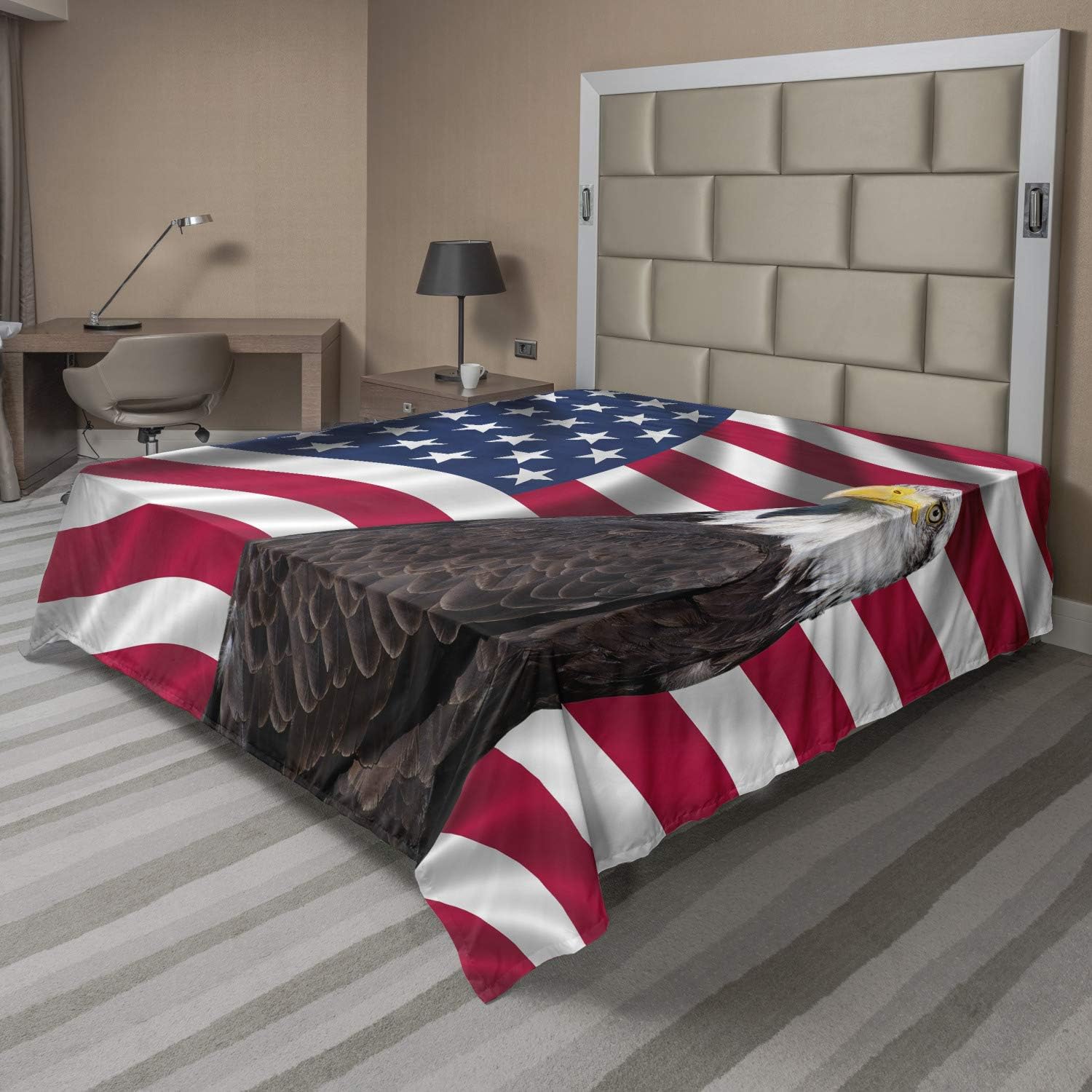 Ambesonne Eagle Flat Sheet, American Flag a Avian Animal USA Theme Image Print Old Glory Background and Bird, Soft Comfortable Top Sheet Decorative Bedding 1 Piece, Queen Size, Blue Red
