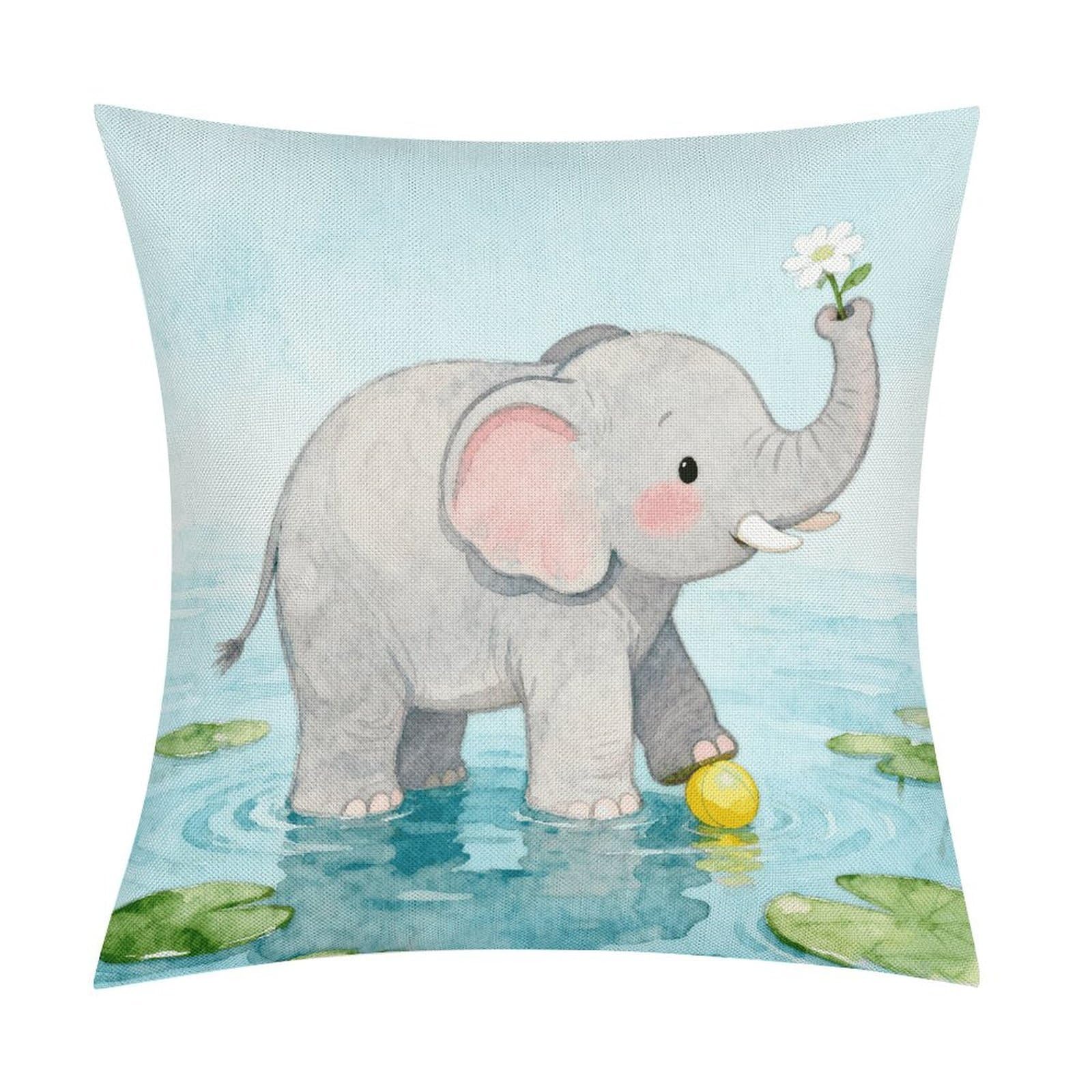 LZQPOEAS Elephant Throw Pillow Covers, Waterproof Faux Linen Pillow Cases with Invisible Zipper, Decorative Square Cushion Covers for Sofa Couch Living Room Bedroom 18x18 Inch