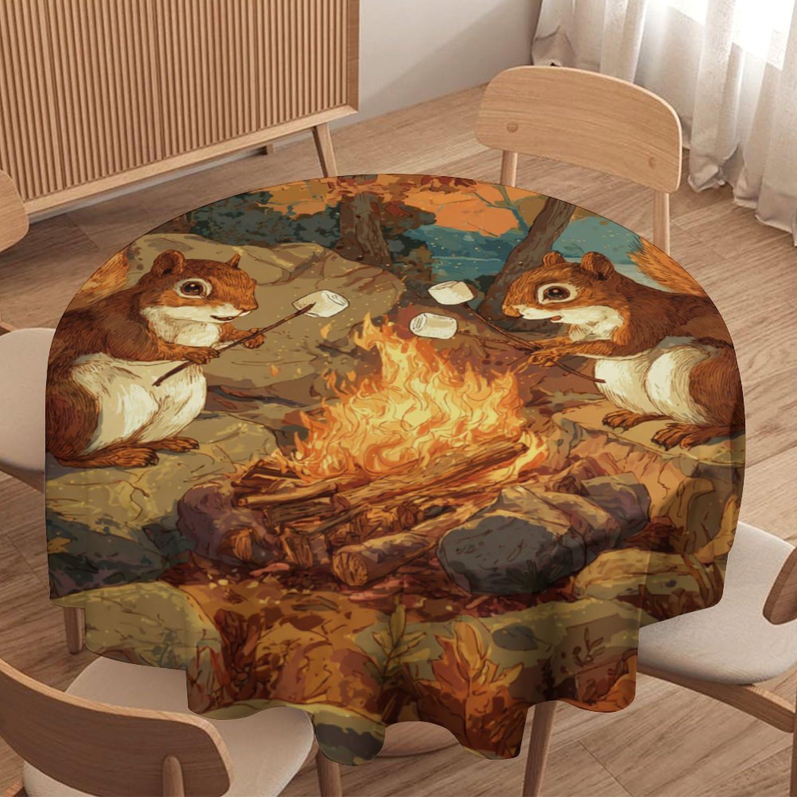 LUYYSKY Cute Vintage Camping Squirrel Round Tablecloth Beautiful Funny Animals Squirrels Plants Maple Trees Washable Decor for Table Cover for Kitchen-127 Wx127 L cm