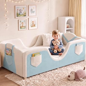 Toddler Bed, Toddler Floor Bed, Upholstered Toddler Bed Frame | Montessori Kid Bed, Wood Slats, 6 storage pockets, Safety Guardrails for Girl Boy Aged 3-7 Years Old - Crib Size/Blue
