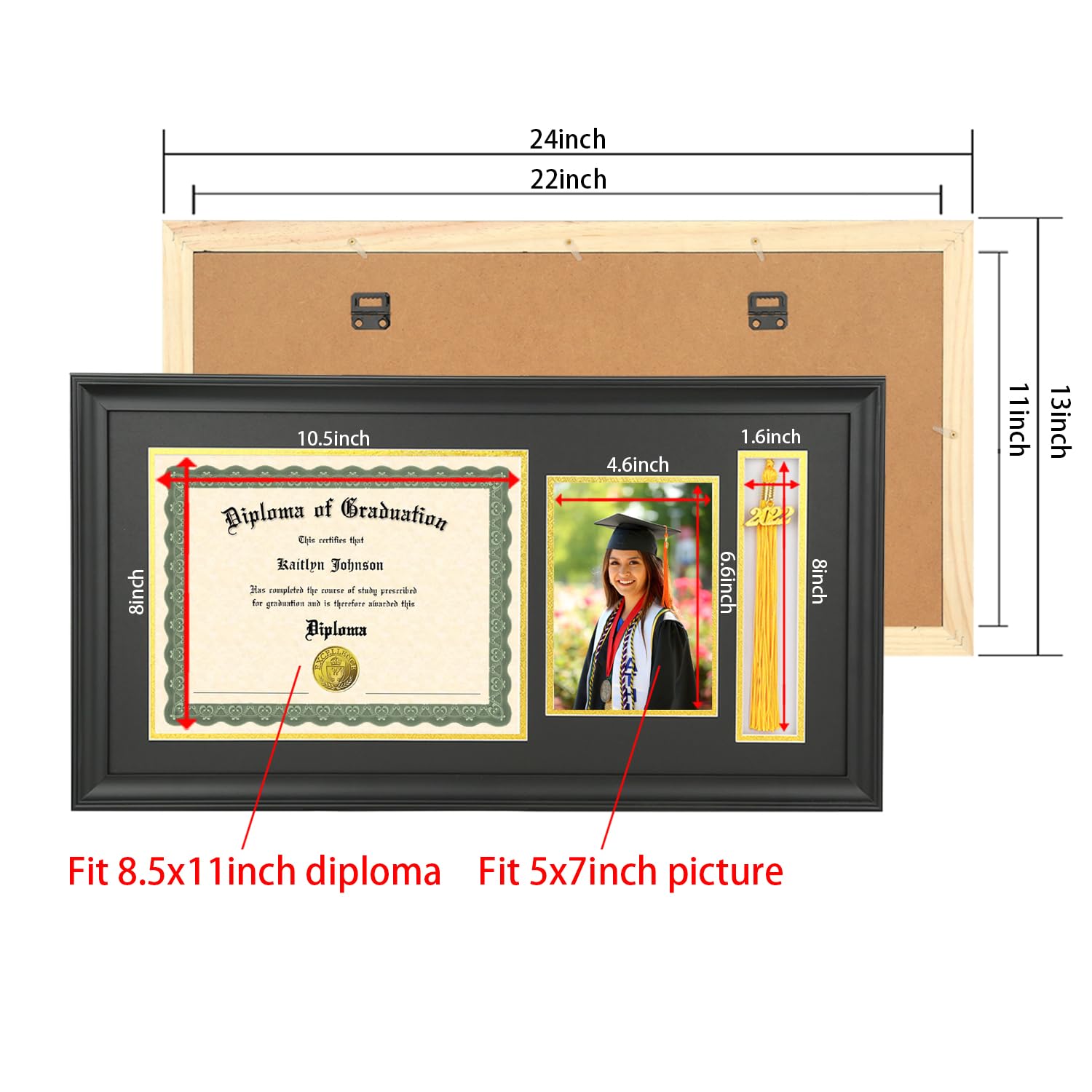 LTYHHK 11x22 Diploma Frame Solid Wood with Tassel Holder for 8.5x11 Document/Certificate & 5x7 Photo, Certificate Frame 8.5x11 Diploma Frames Tassel Shadow Box (LK1122BG)