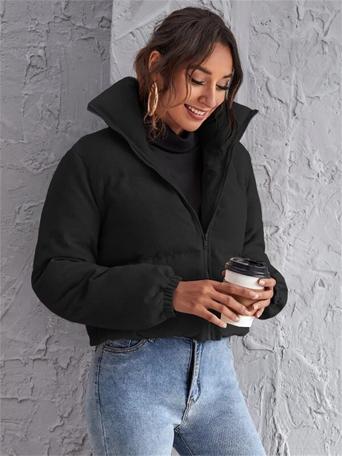 sandbank Women's Warm Winter Short Puffer Jacket Coat with Pockets Black US 6