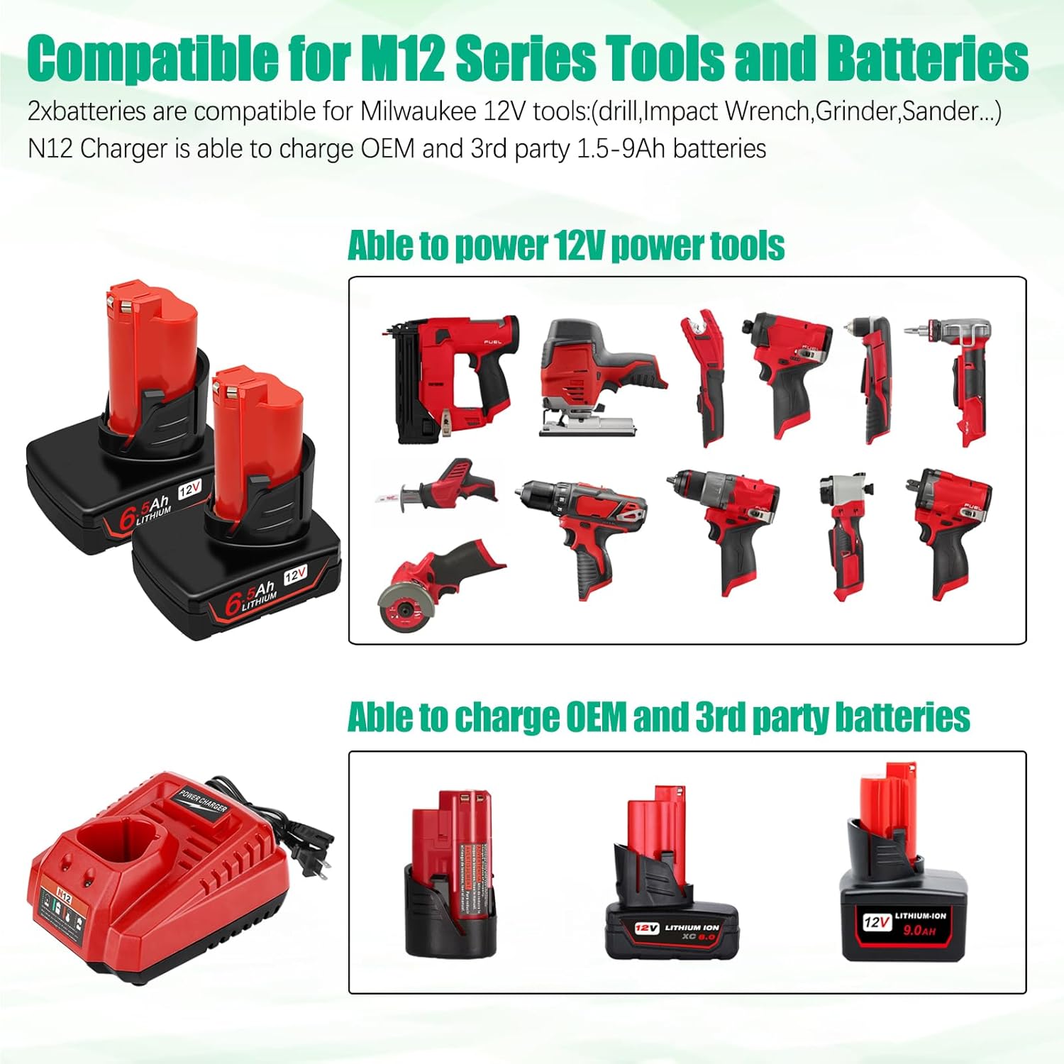 Upgraded 6500mAh Battery and Charger Set Compatible for Milwaukee 12V Power Tools M12 12V Tool Battery with Charger Kit Compatible for 48-11-2411 48-11-2440 48-11-2420 48-11-2401 48-11-2425 - Image 6