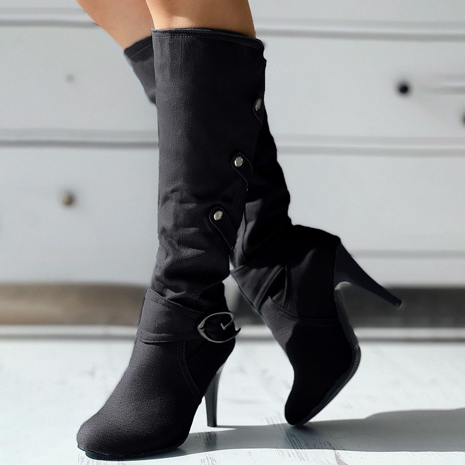 Botas de Invierno Mujer Zapatos de Mujer tamaño, otoño e Invierno, Nueva Tela Vaquera, Tacones Gruesos, Botas Altas con Hebilla, Largas para niños