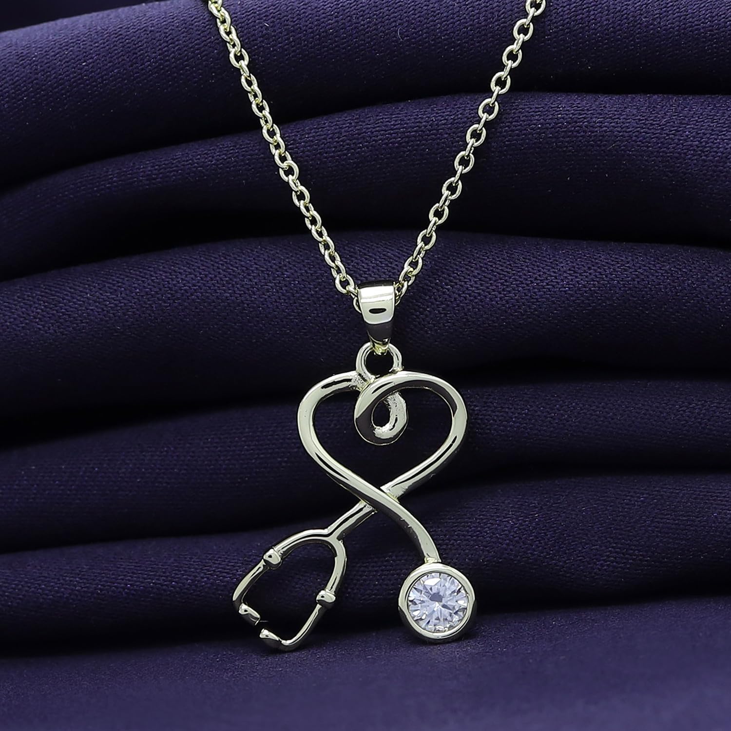 18K Gold Plated Stethoscope Necklace for Women | 4MM Round Moissanite Diamond Doctor, Nurse Pendant Necklace | Dainty Medical Jewelry 18"+2” Adjustable Chain (0.30 Cttw)