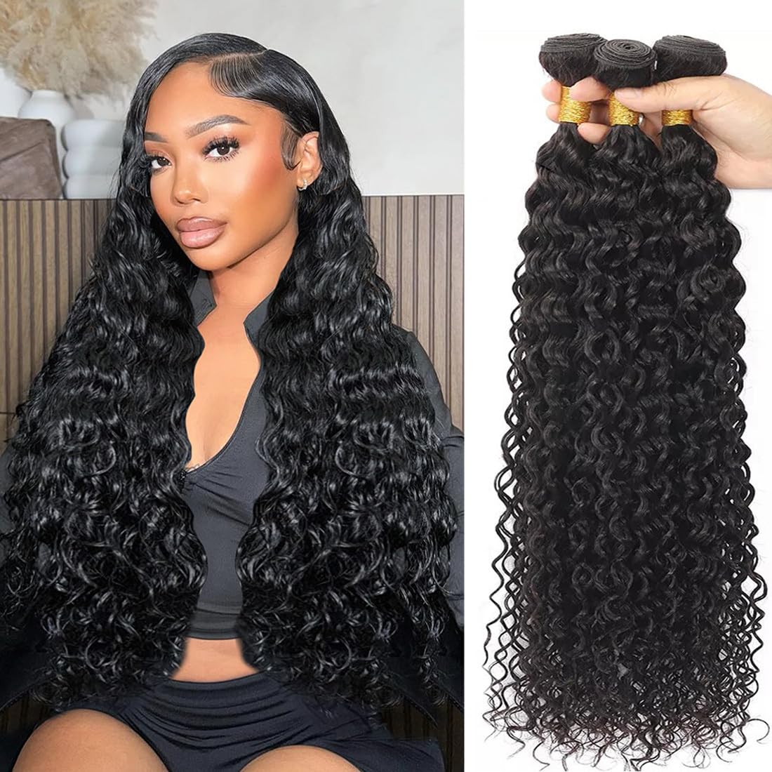 Brazilian Virgin Human Hair Water Wave Bundles(26 28 30 Inch)100% Unprocessed Human Hair 3 Bundles Wet and Wavy Bundles Hair Extensions for Black