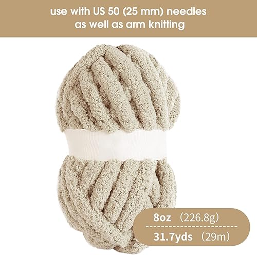 Miniatura 2 de HOMBYS Hilo de felpilla gruesa color caqui para tejer, hilo grueso y esponjoso para tejer, hilo grueso súper voluminoso para tejer a mano, hilo de