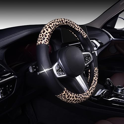 Miniatura 2 de AUTOYOUTH Funda de cuero de leopardo para volante para mujeres y niñas con diamantes de imitación brillantes antideslizantes, lindo protector