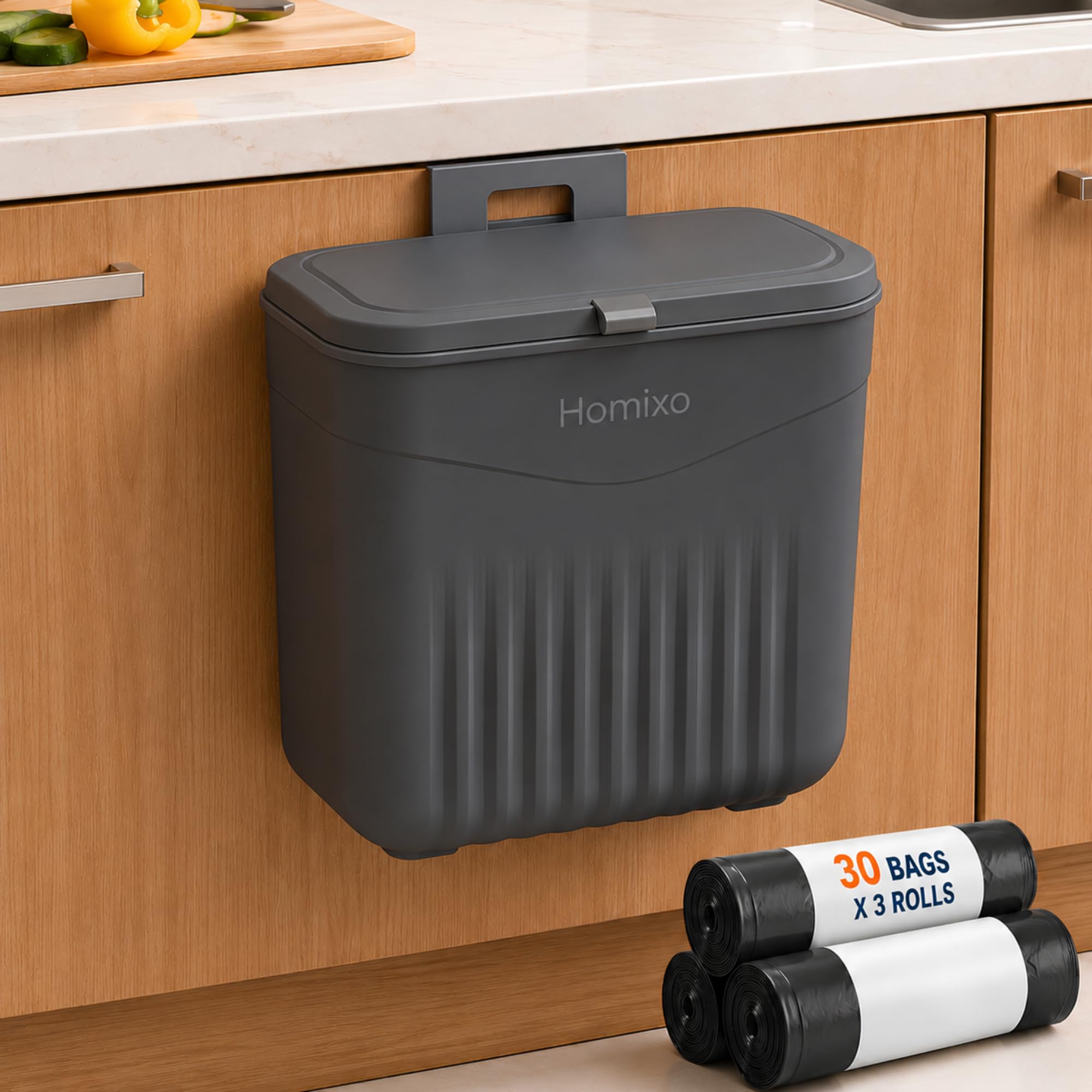 7L Hanging Dustbin for Kitchen with Lid, Cabinet Door & Wall Mount Trash Bin, Space Saving Garbage Bin, Kitchen Waste Bin with 90 Free Garbage Bags, Odor Control, Grey-image-37