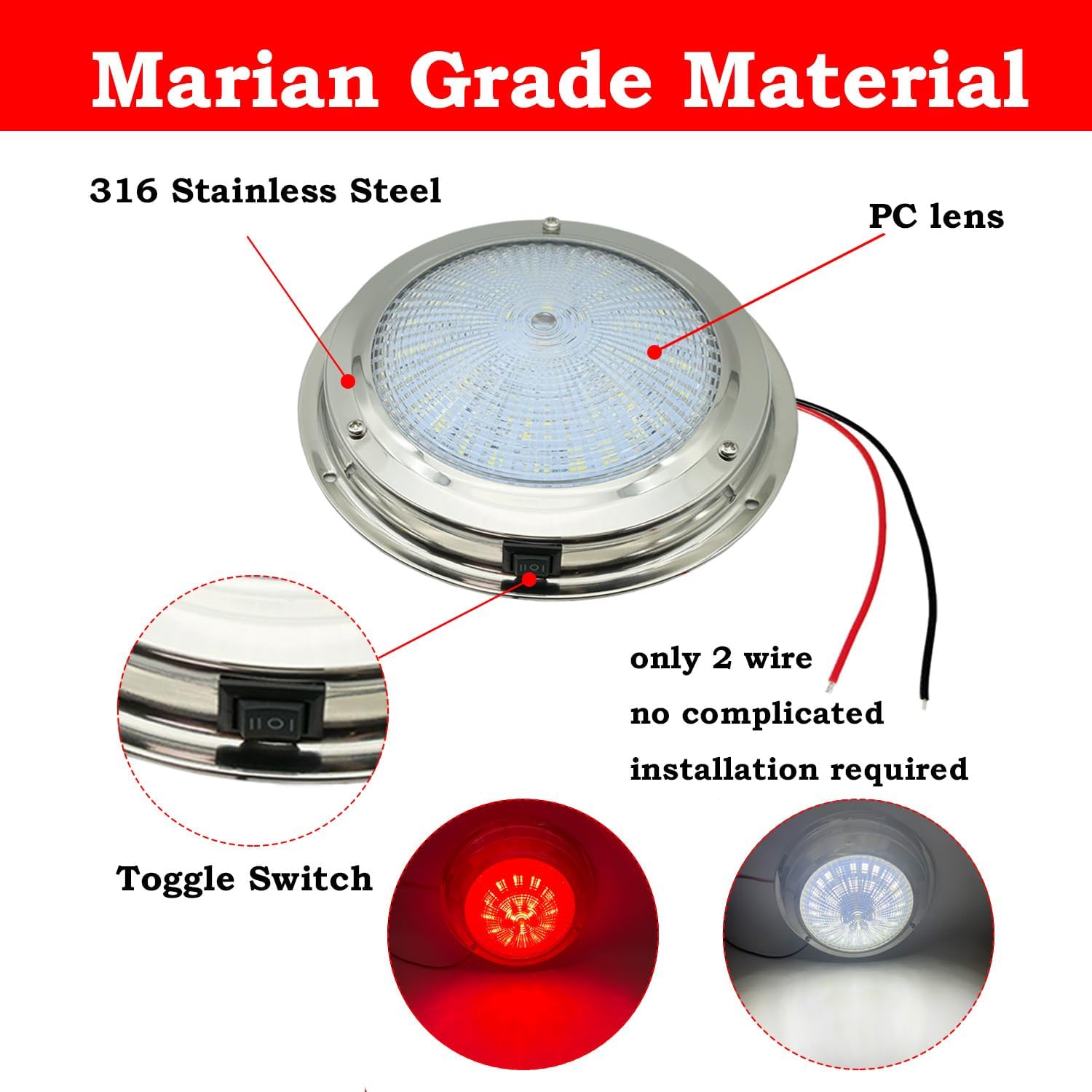 Marine Boat Dome Light, Dual Color 5.5" LED Interior Cabin Lights | White|Red dual color boat dome light with toggle switch. Stainless steel surface mount, 12V DC marine Light
