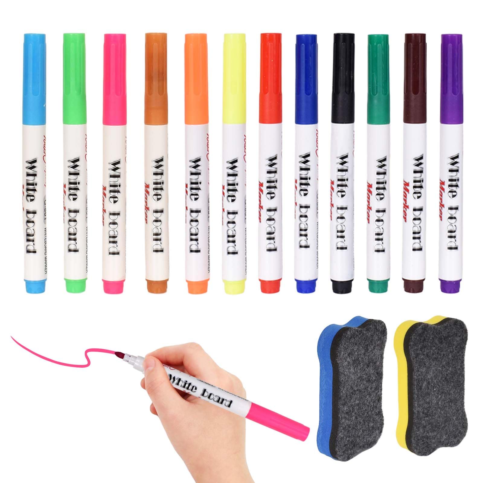 12 Colores Marcadores para Pizarra Blanca, Marcadores Lavables con 2 Borradores Magnéticos, Rotuladores para Pizarra Blanca Escritura Suave, Ideales para Reuniones, Clases y Garabatos Creativos