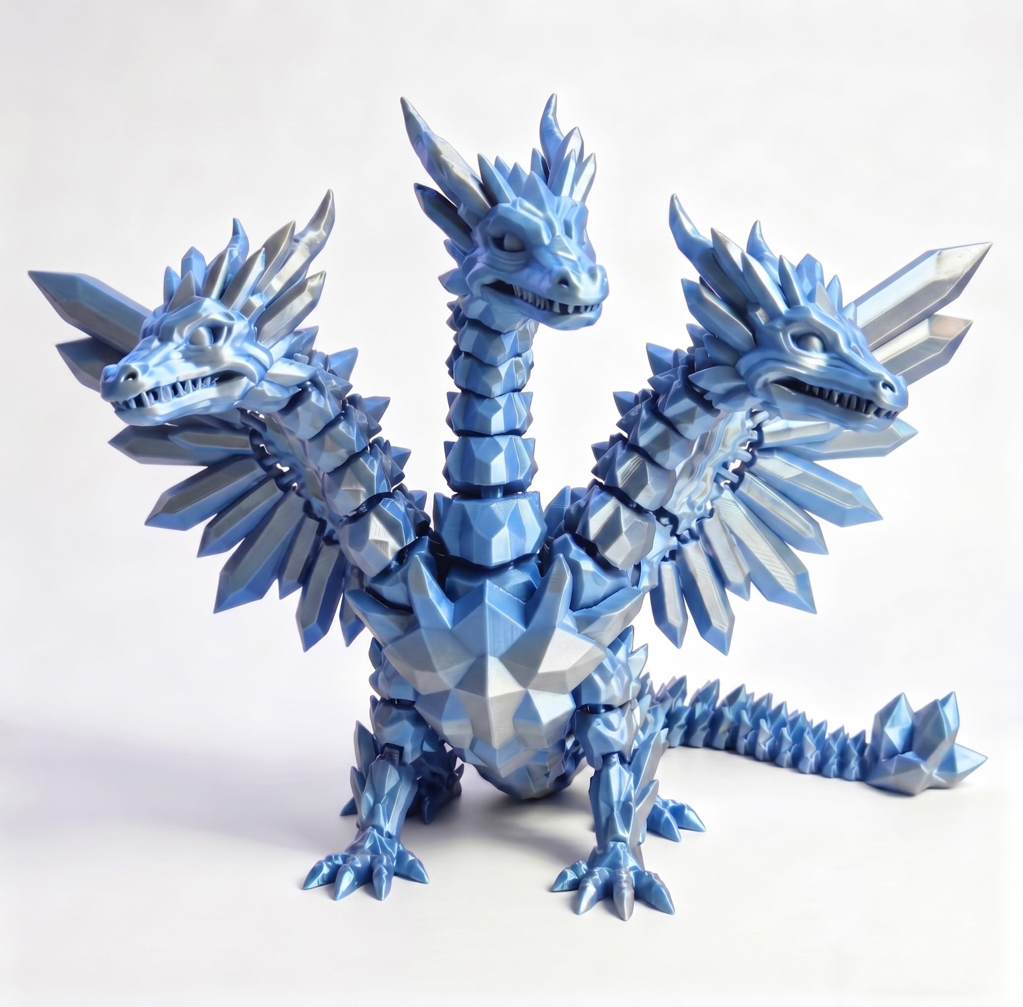 3D Printed Articulated Three-Headed Crystal Dragon with Wings, Flexible Fidget Toy for Stress Relief, Cute Sensory Dragon Figure, Ideal Desk, Home & Office Decor (Blue,S)