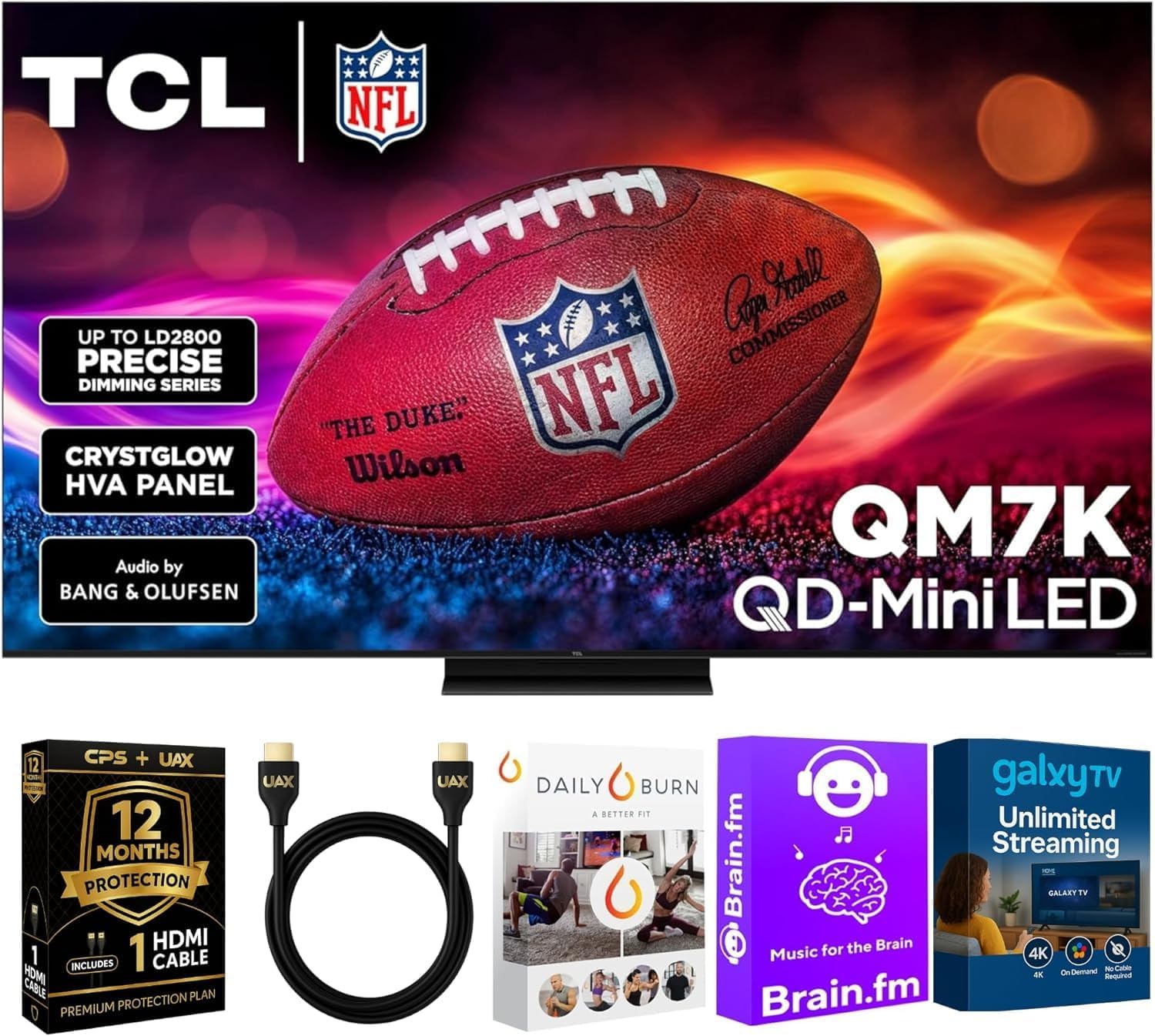 TCL 98-Inch QM7K QD Mini LED Smart Google TV - Dolby Vision , Dolby Atmos, HDR, Game Accelerator 288 Hz, Alexa Compatible w/ 12 Month CPS Protection, AUX HDMI Cable, Streaming