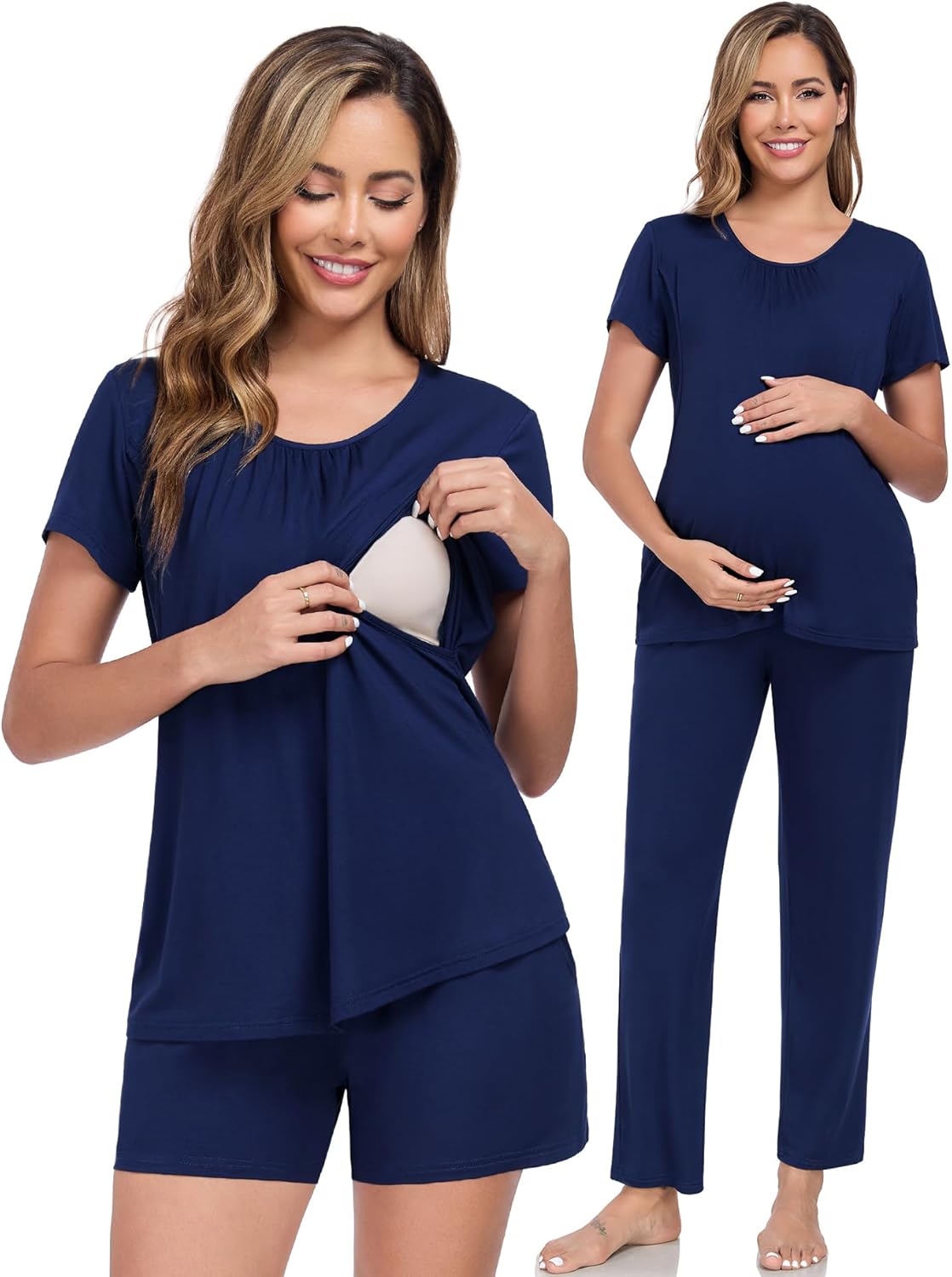 DIKFA Maternity Pajamas Set 3Pcs Double Layer Nursing Pjs with Pockets 3 in 1 for Pregnancy, Breastfeeding, Postpartum