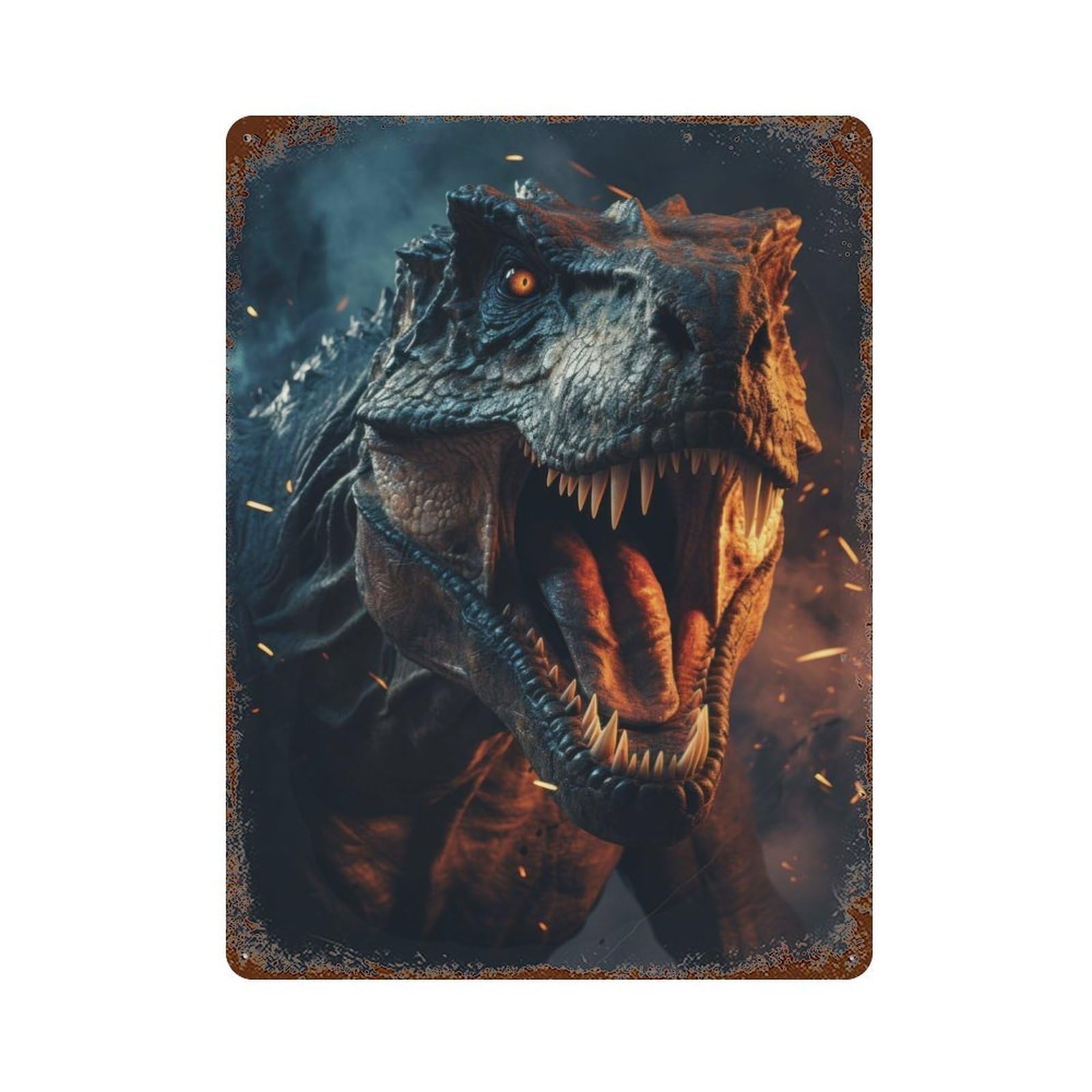 Angry Dino 15.7"x11.8" Aged Metal Wall Plaque, Retro Wall Decor for Farmhouse, Kitchen And Entryway Decor