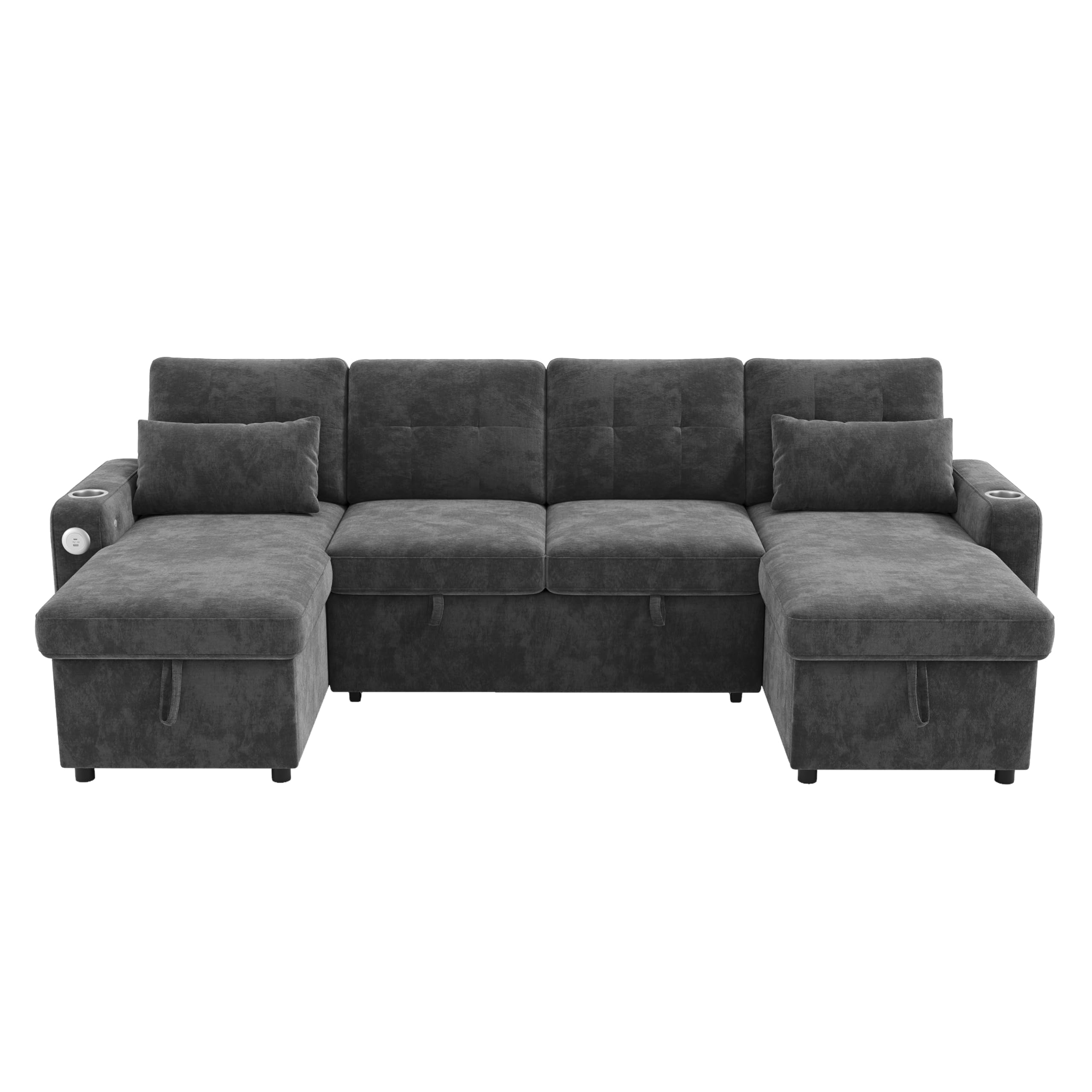 Sapgaks Canapé d'angle Convertible Moderne en U avec LED,Port de Chargement USB,Porte-gobelet,Poches latérales,Espace de Rangement,canapé lit,canapé Convertible 4 Places,Chenille (B-Gris)