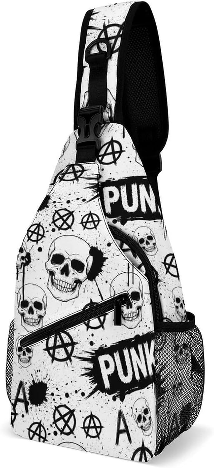 Fashion Dress Decor Sling Backpack Shoulder Bag, Day Pack, Chest Shoulder Bag For Travel Shopping White Punk Skull Rock Hair Black Vintage