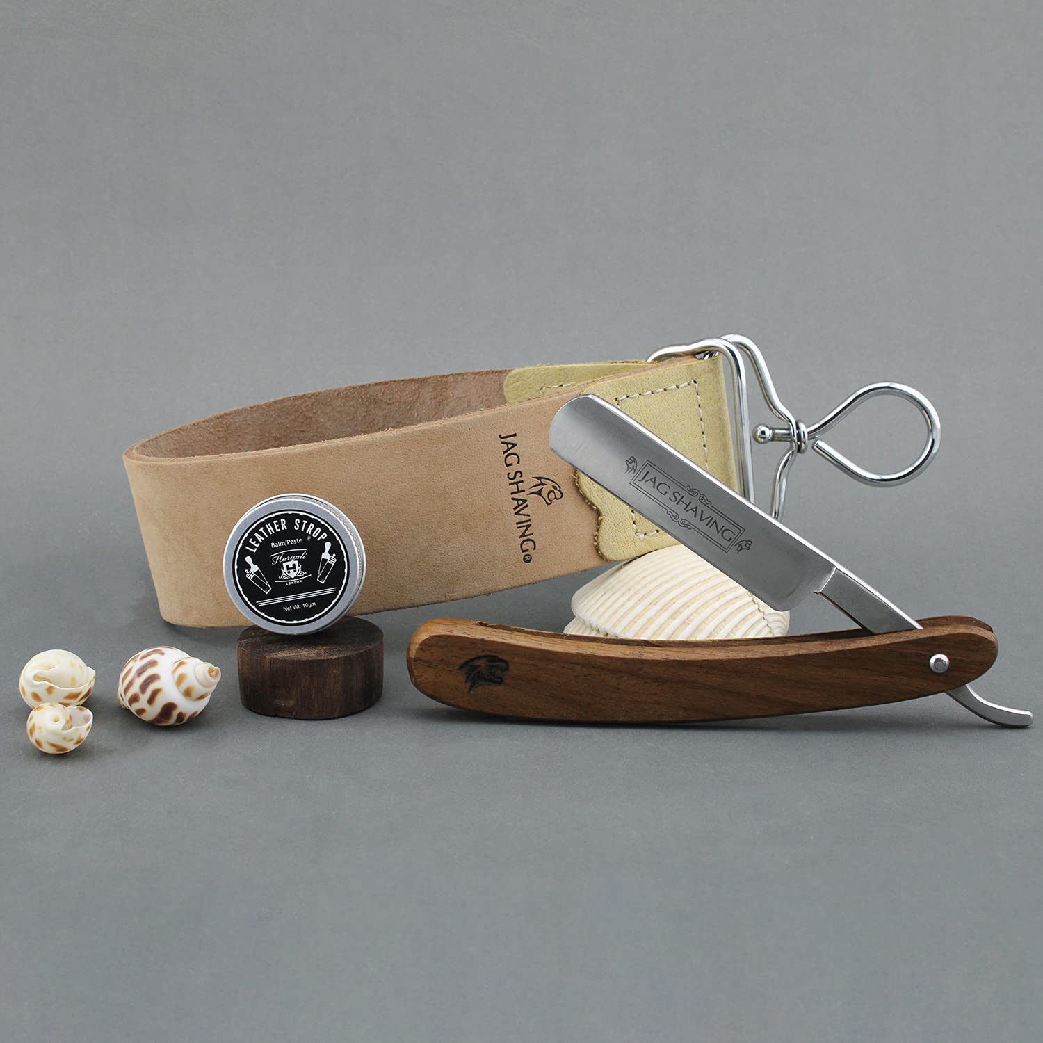 Jag - Kit da barba sostenibile da 5 pezzi, set di rasoi a mano libera, Pennello da barba in legno di tasso - Rasoio a mano libera - Armatura in pelle - Composto abrasivo - Bastone di allume