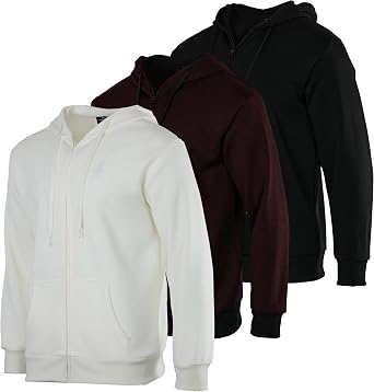 Real Essentials 3 Pack Mens Fleece Long Sleeve Full Zip Hoodie - Athletic Sweatshirt Jacket Available in Big & Tall