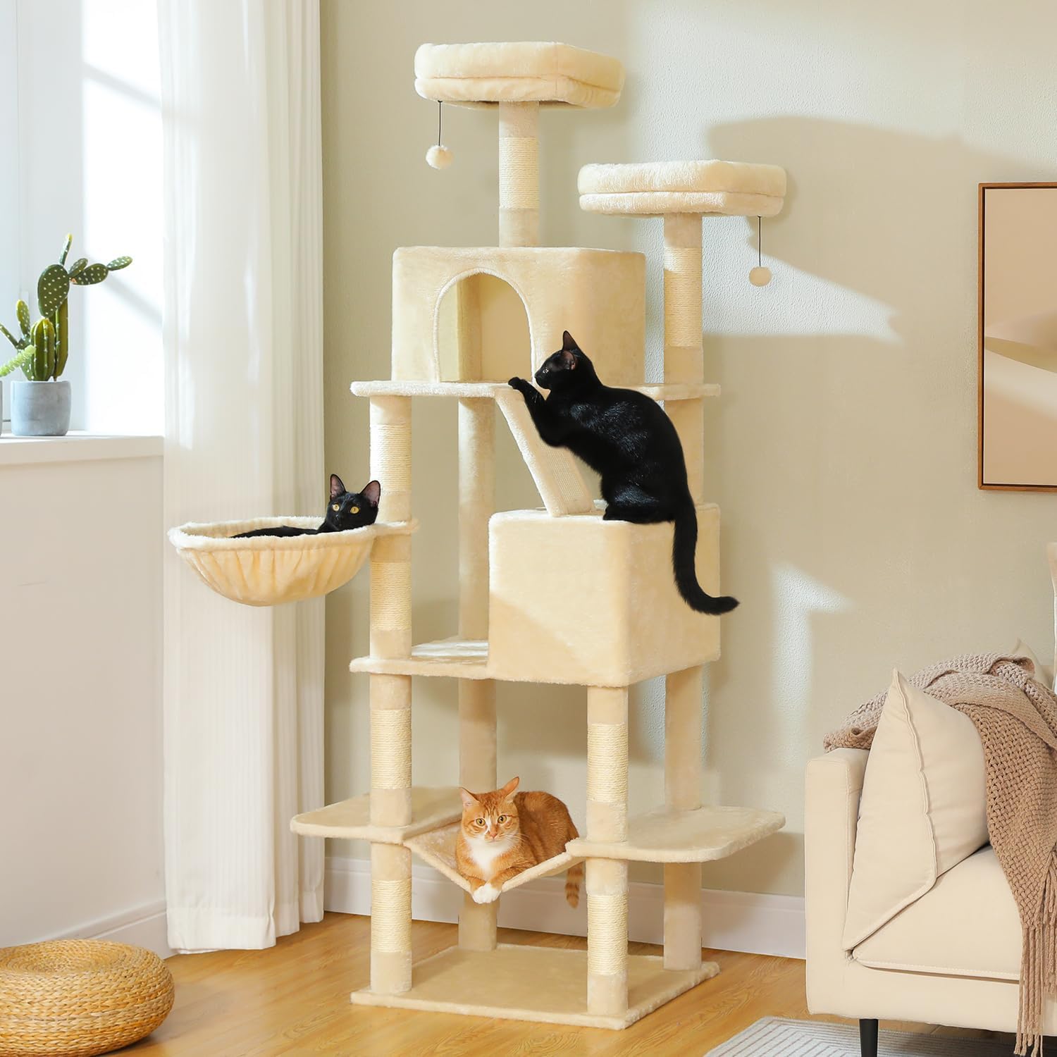 70.8" Tall Cat Tree for Indoor Cats Adult, 8-Levels Large Cat Tower with 8 Sisal Posts, 2 Hammocks, 2 Codons, Big Perch & 3 Pom Poms for Multi Cats Household Plush Beige