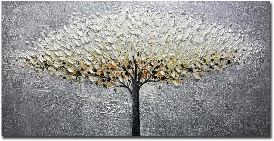 Yotree Silver Tree Painting, 24x48 Inch Oil on Canvas Abstract Artwork, Framed, Hand-Painted, Modern, Unisex, Indoor, Living Room, Dining Room, Bedroom, Office