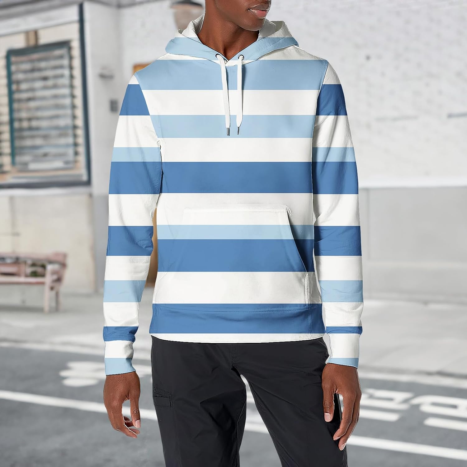 LOAIHA Men's Striped Pullover Hoodie Sweatshirt With Drawstring Hood Kangaroo Pocket Long Sleeve Casual Top