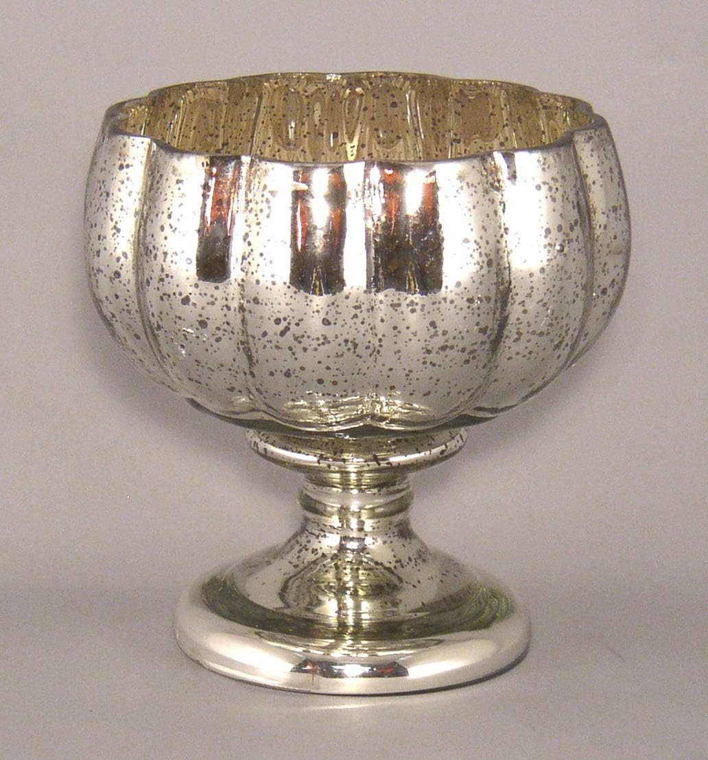 Glossy Silver Mercury Glass Bowl Vase Lotus Shape Pedestal 5.5" D 5.5" H Few Scratches, Small Bubble, Mercury Peeling on Rim