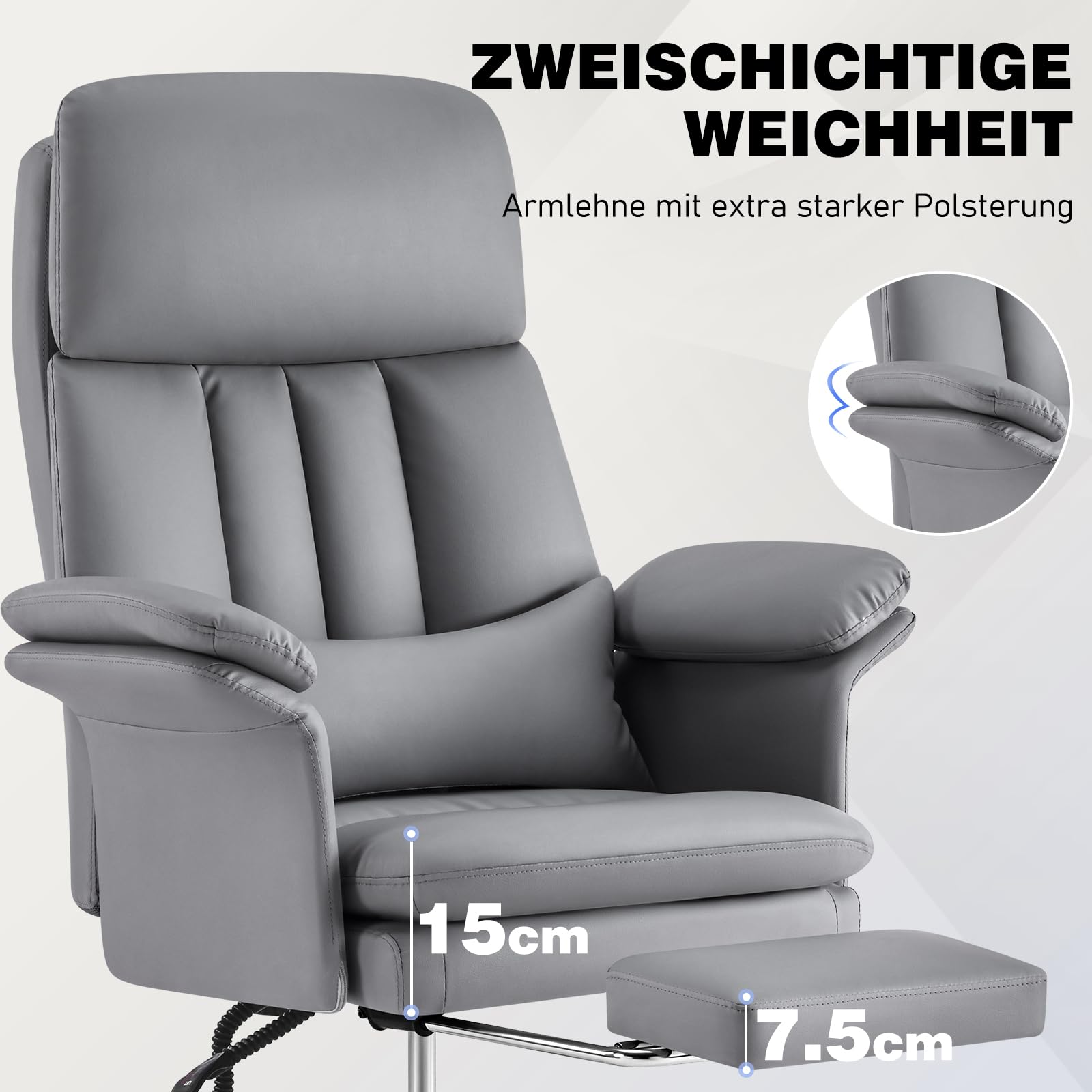 Hellove Bürostuhl mit Fußstütze & Lordosenstütze – Ergonomischer Chefsessel 135° Neigung, Feste Armlehnen, PU-Leder, Höhenverstellbar bis 200 kg für Homeoffice, Grau