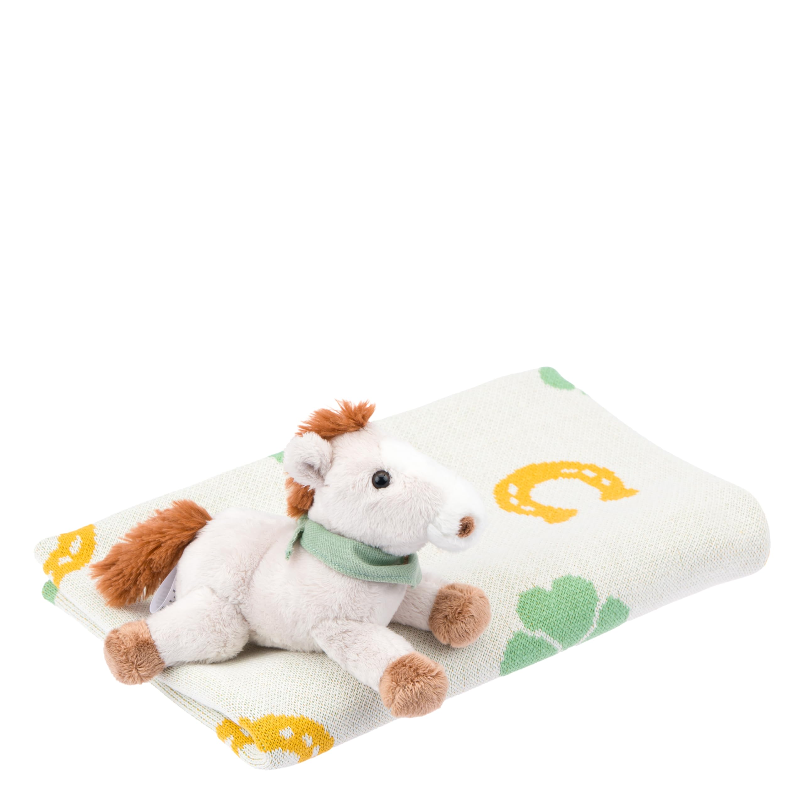 THUN - Set peluche cavallo con copertina tricot Dolce Fattoria - Coperta: 100% cotone. Peluche: tessuto 100% poliestere, accessori in PS., 20 / 90x70cm