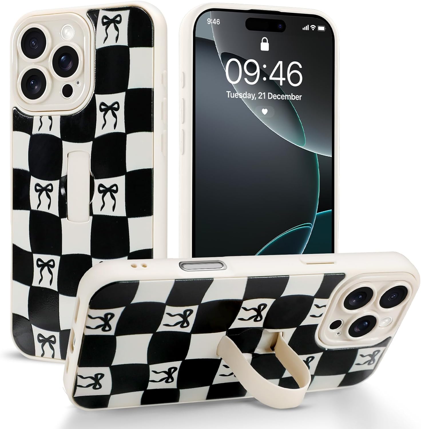 Checkered Case for iPhone 16 Pro Max with Finger Strap Kickstand Cute Checkerboard Bow Phone Case for Women Girls, Full Camera Protection Shockproof Cover for 16 Pro Max 6.9 inch, White