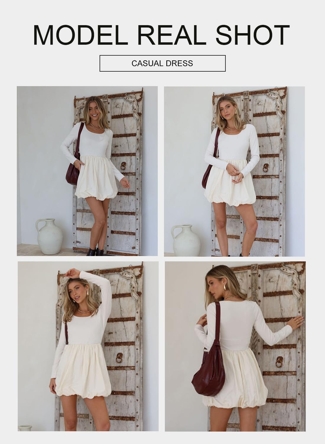 BLENCOT Dresses for Women Fall Long Sleeve Square Neck Bubble Party A Line Mini Dresses - Image 7