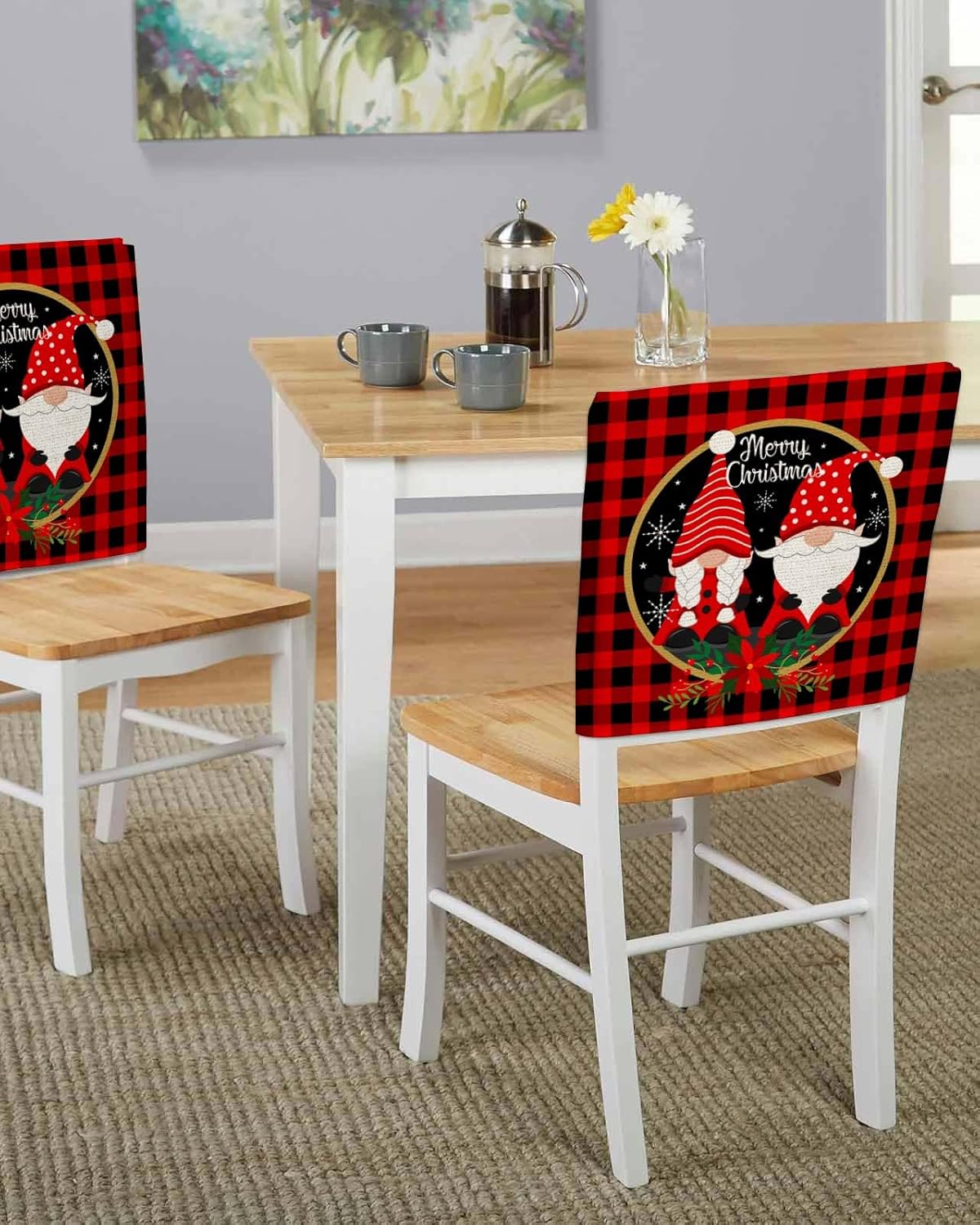 CAPSCEOLL Merry Christmas Chair Back Covers Set of 4 Gnomes Wreath and Buffalo Plaid Chair Covers for Dining Chairs Red Linen Chair Covers for Christmas Home Party Décor
