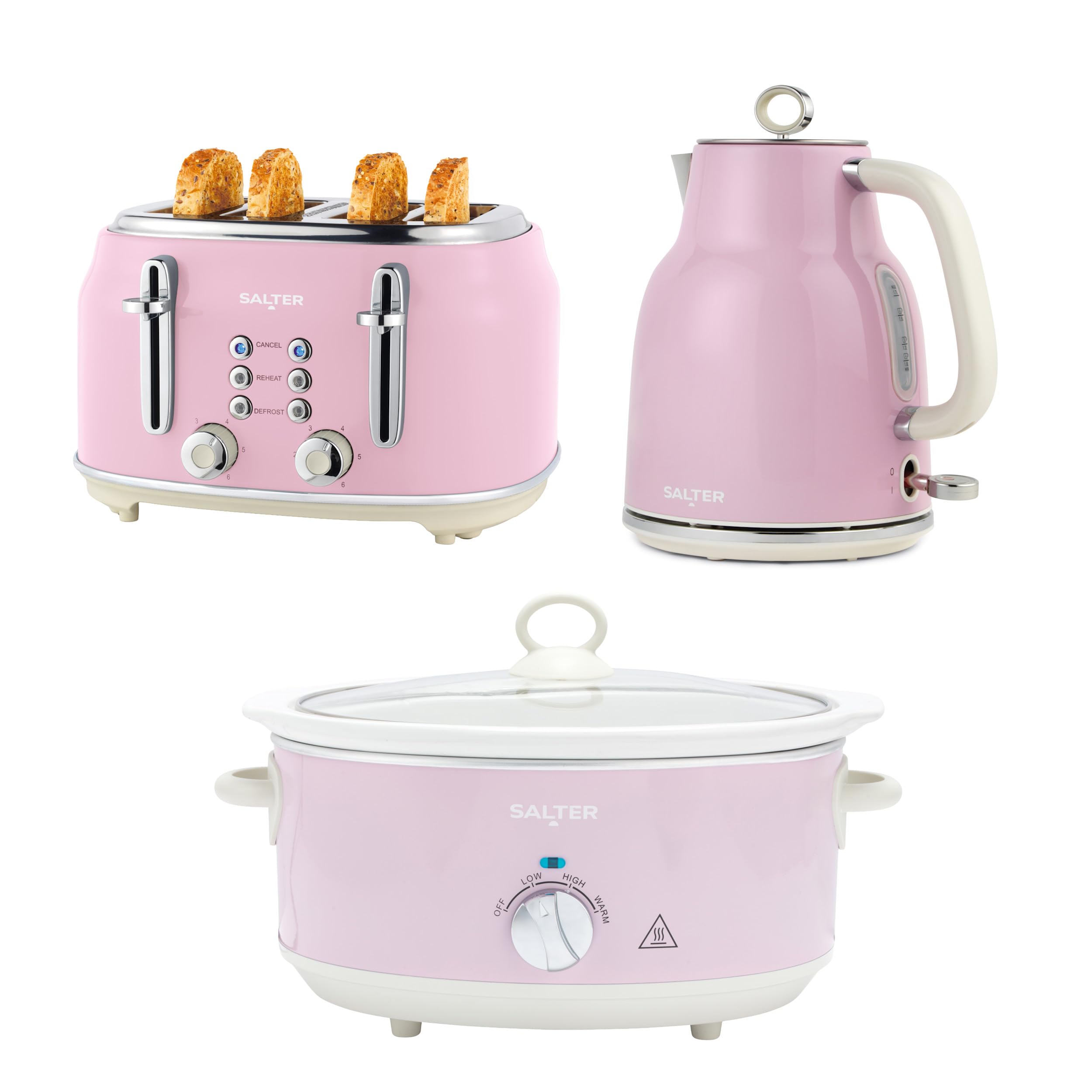 Salter Retro Pink Toaster, Kettle & Slow Cooker Set – 4-Slice Wide Slot Toaster with 6 Browning Levels, 1.7L 3KW Rapid Boil Kettle, 6.5L Electric Ceramic Cooking Pot with 3 Heat Settings