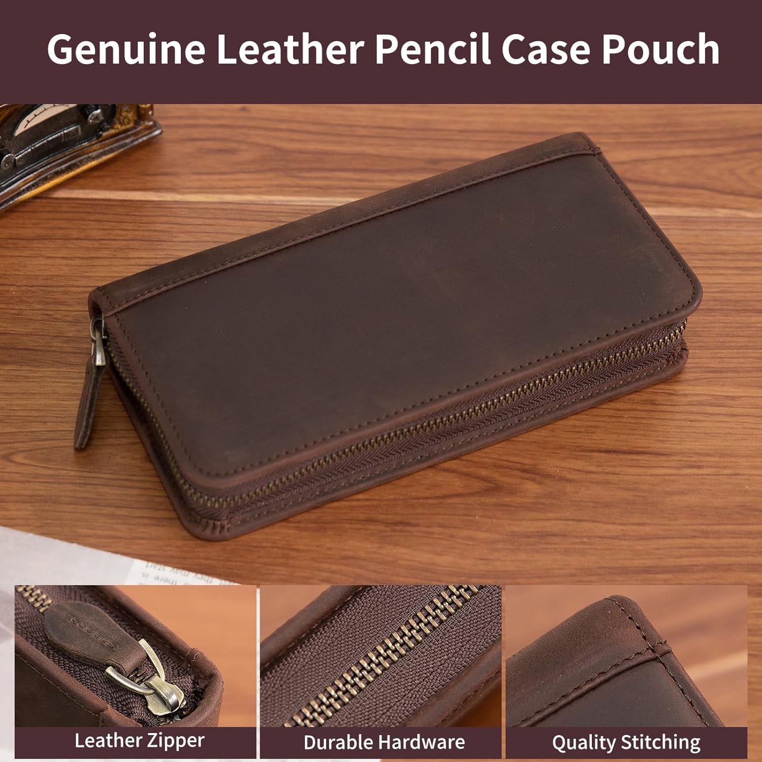 Personalized Genuine Leather Fountain Pen Case - Custom Engraved Zippered Ballpoint Pen Pouch Bag with 4 Loops Holder, Inside Open Slot, Handmade Soft Cowhide Gift for Men and Women, Dark Brown
