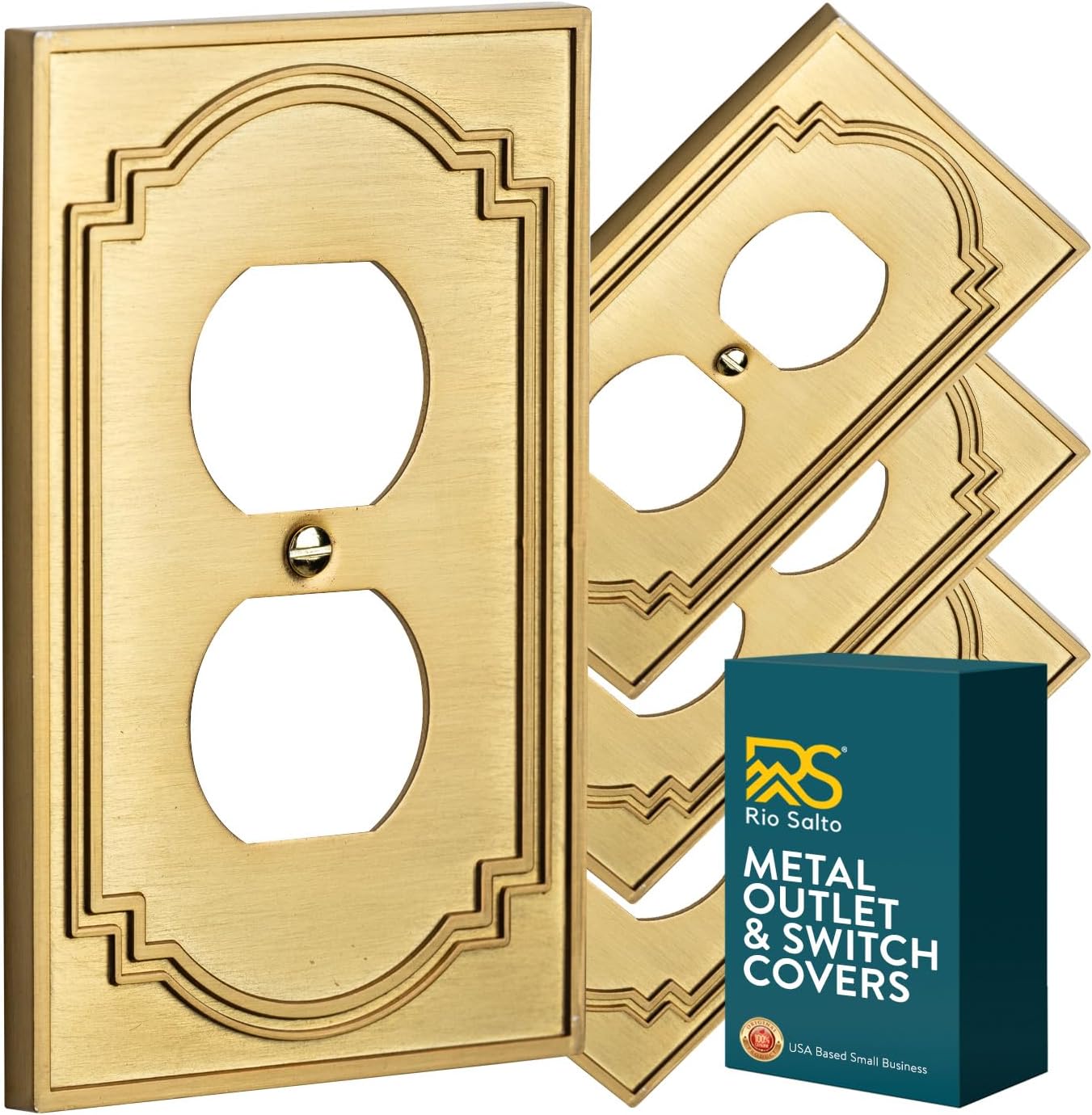 Rio Salto Duplex Outlet Cover Light Switch Plate Receptacle Wall Plate — Brushed Brass Gold Metal Decorative Plates Light Switch Covers — Heritage Collection Midsize 4-Pack 3.13" X 5.00"