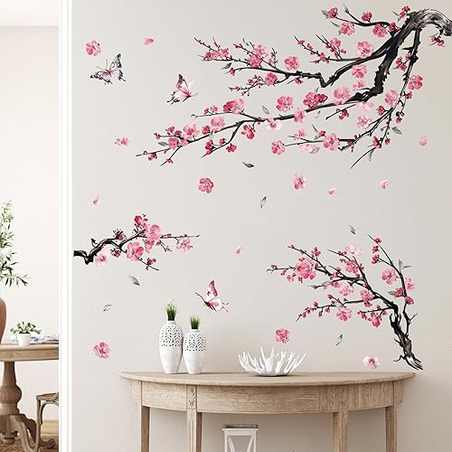 Miniatura 4 de decalmile Calcomanías de pared de ramas de flores rosas en acuarela, ramas de árbol de flores, calcomanías de pared florales, sala de estar,