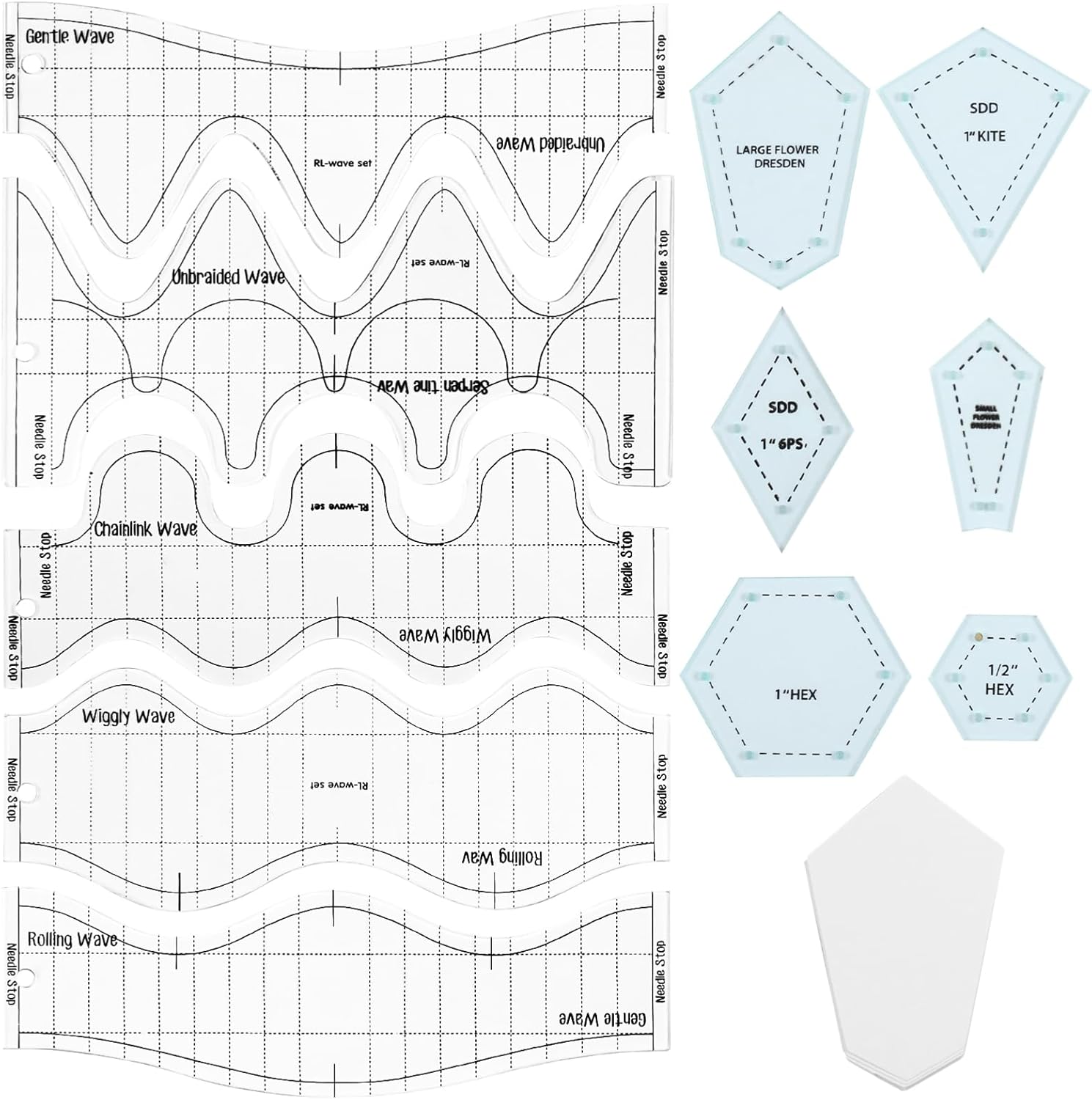 Quilting Rulers & Templates Set, Includes 5 Acrylic Wave Rulers, 6 Quilting Templates for Crafting