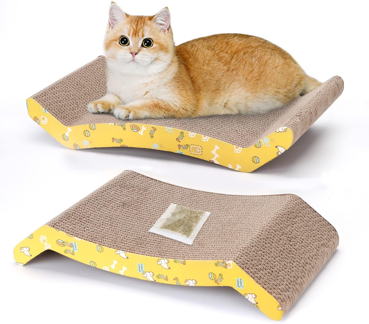 Cat Scratch Pad for Indoor Cats, Nobleza 2 Pack Premium Reversible Scratching Cardboard with Catnip, Recyclable Corrugated Kitty Scratcher Lounge Couch Bed for Furniture Protection, Yellow