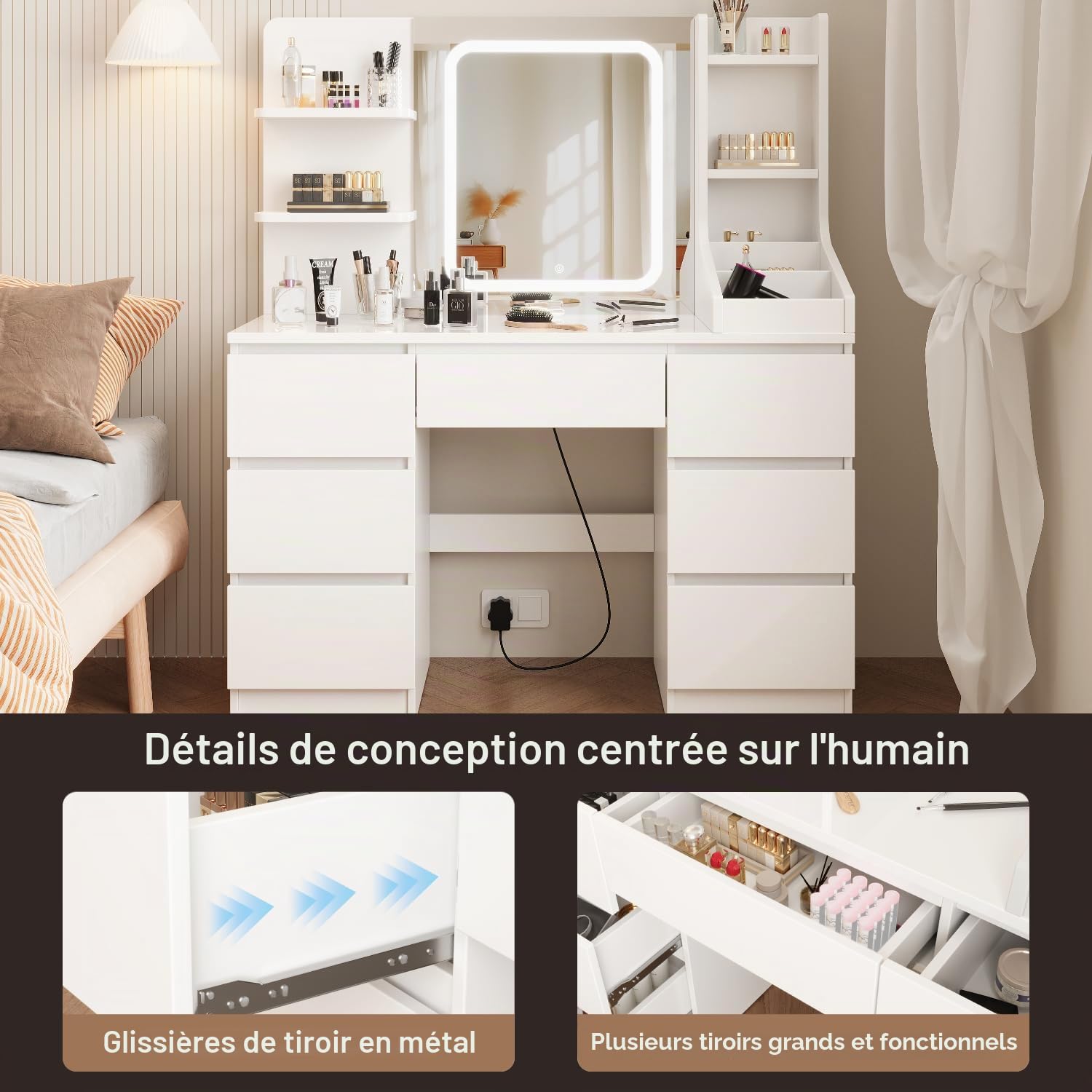 Devoko Coiffeuse LED avec 7 Grands Tiroirs, 3 Couleurs avec Luminosité Réglable, Table de Maquillage, Coiffeuse avec Miroir pour la Chambre à Coucher (Blanc)