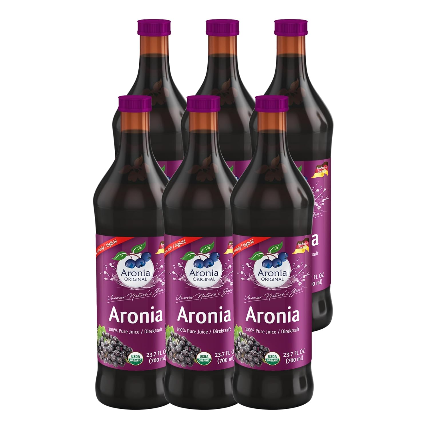 Aronia ORIGINAL Organic Aronia Berry Juice 23.7 Fl Oz (6-Pack) | No Added Sugar, Not From Concentrate, 100% Pure Aronia Fruit | Amber Glass Bottle | Vegan, Organic, Non-GMO Black Chokeberry