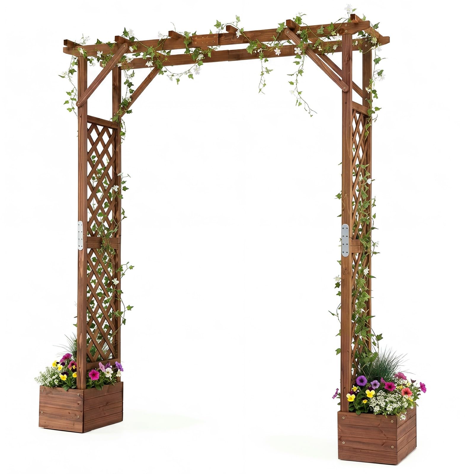 GYMAX Arche de Jardin en Bois avec 2 Bacs à Fleurs pour Plantes Grimpantes