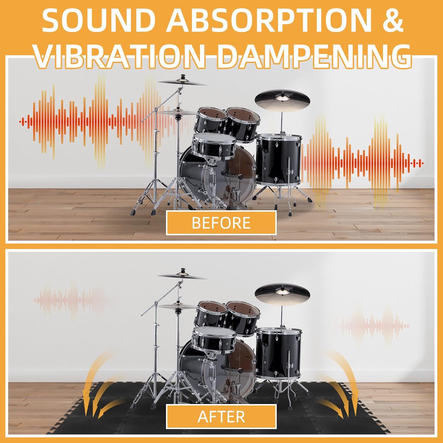 24Pcs Sound Absorbing Interlocking Floor Mats, 11 x 11 x 0.3 Inch High Density Piano Carpet Drum Rug, Non-Slip Anti Vibration Soundproof Pads, Black
